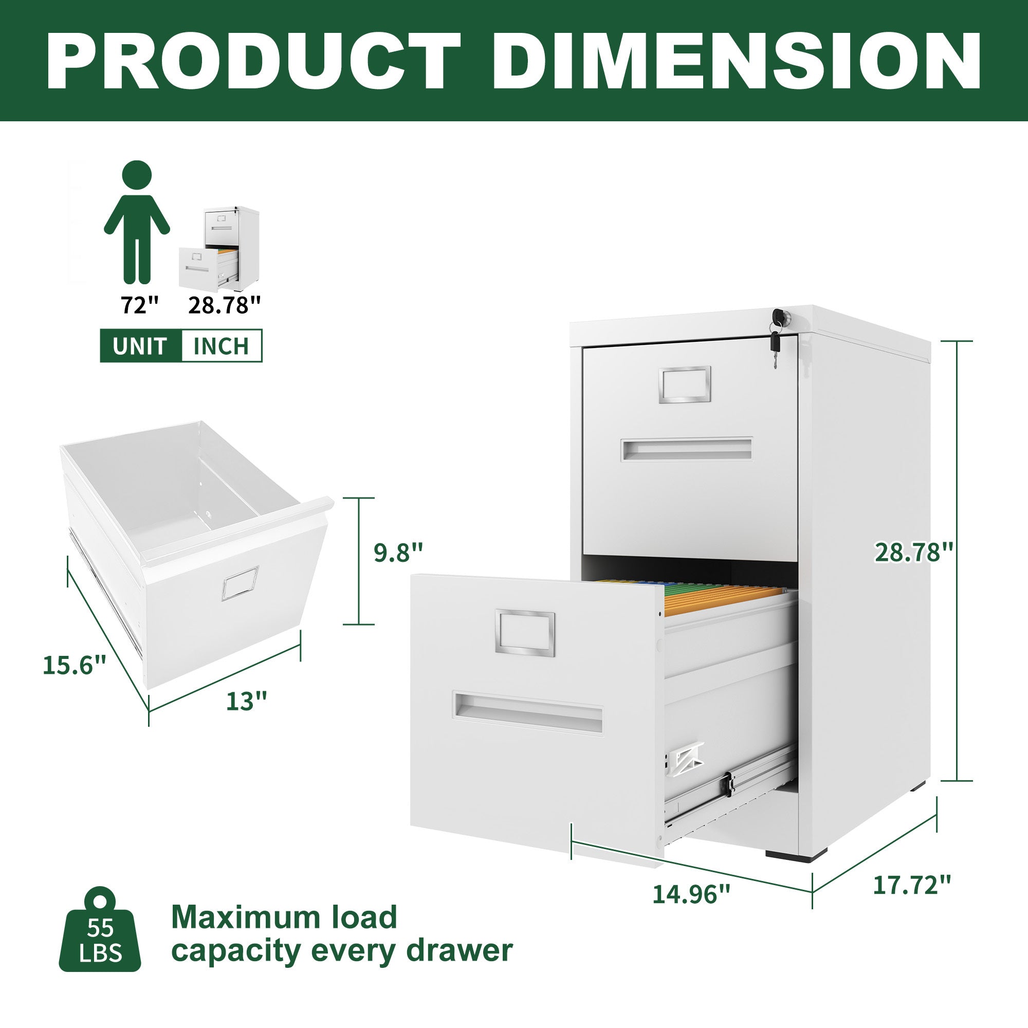 Premium 2 Drawer File Cabinet with Lock, Metal Vertical Design, A4 Legal/Letter Size, White Steel, Compact Dimensions