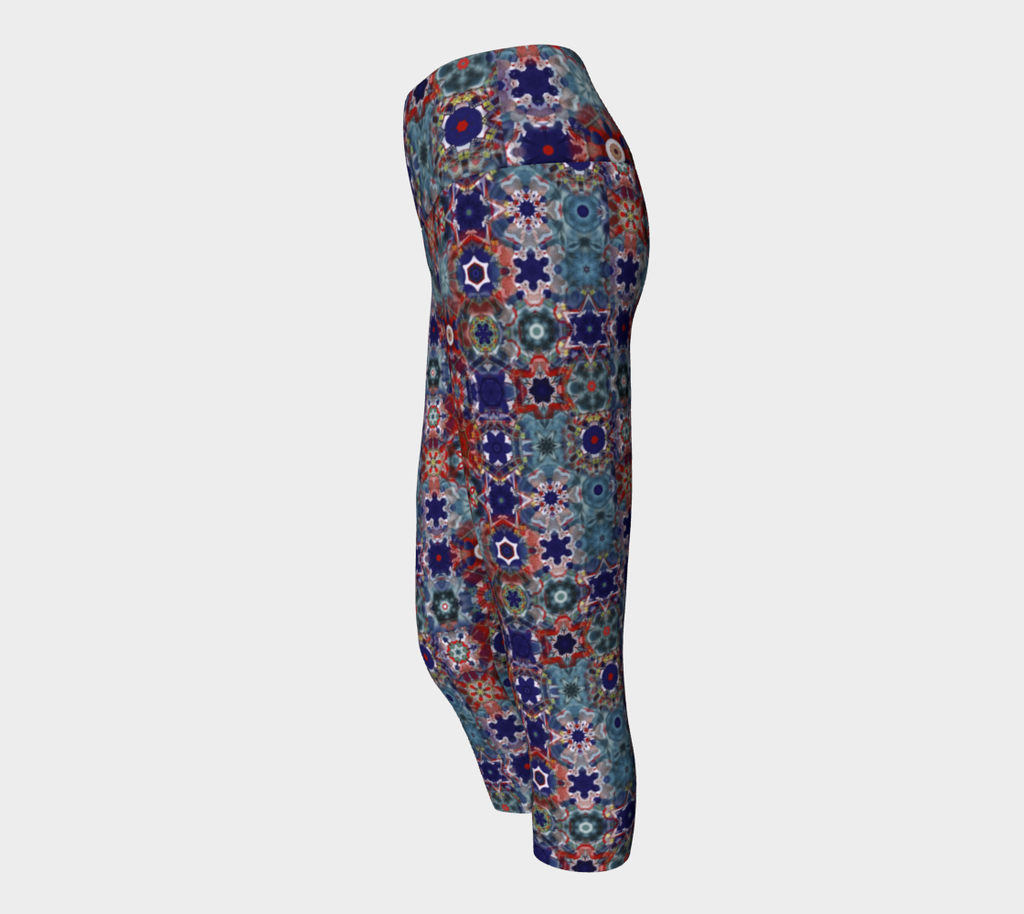 Blue & Red Floral Pattern Yoga Capri Leggings
