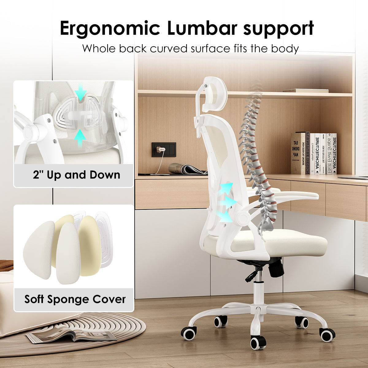 Ergonomic Office Chair, Home Office Desk Chair with Headrest, High Back Computer Chair with Armrests and Adjustable Lumbar Support for Home Office Study Room,White & White
