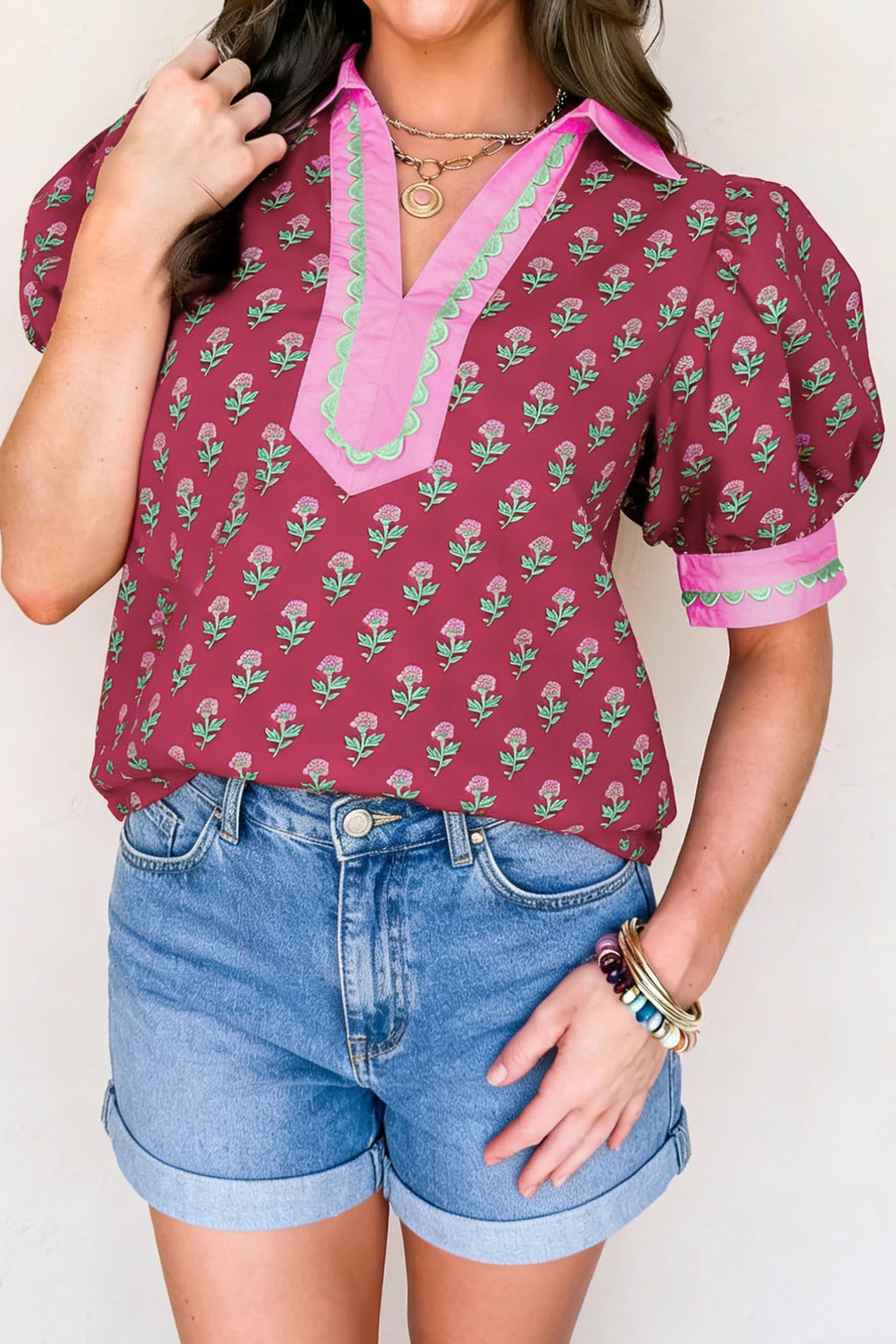 Floral Contrast Collared V-Neck Ricrac-Trim Blouse