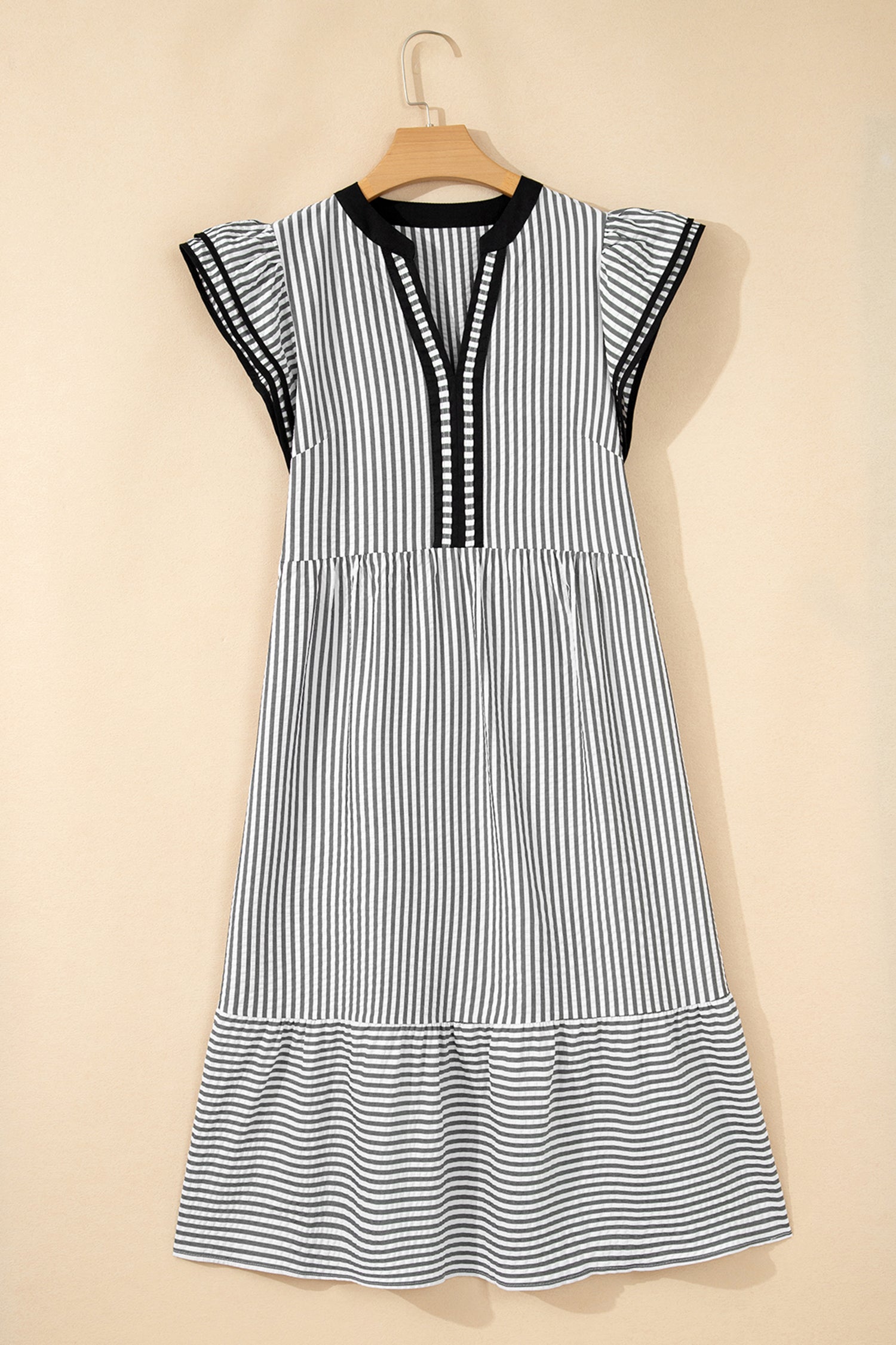 Stripe Contrast V-Neck Flutter Sleeve Midi Dress