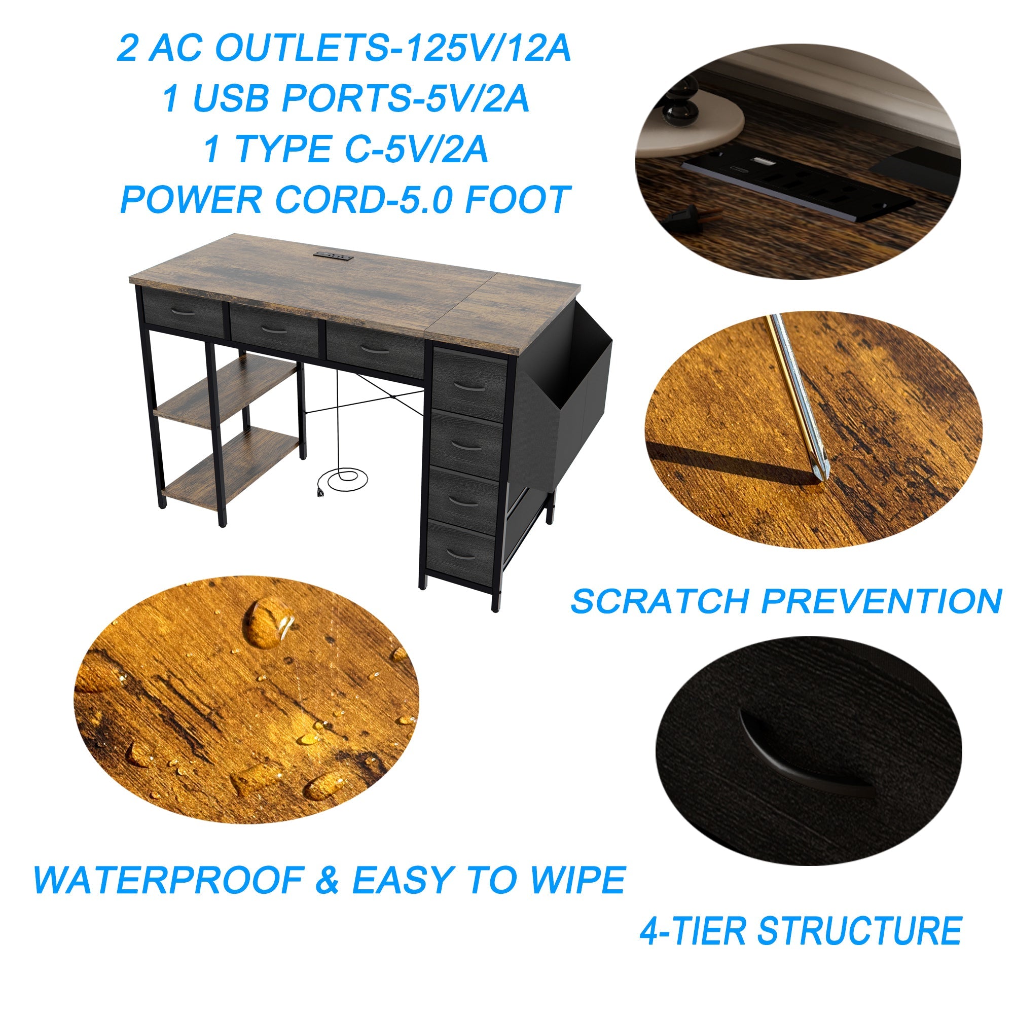 47' Computer Desk With Power Outlet,Writing Desk with 7 Fabric Drawers,Vanity table Drawers and Large Side Pocket,Rustic Brown