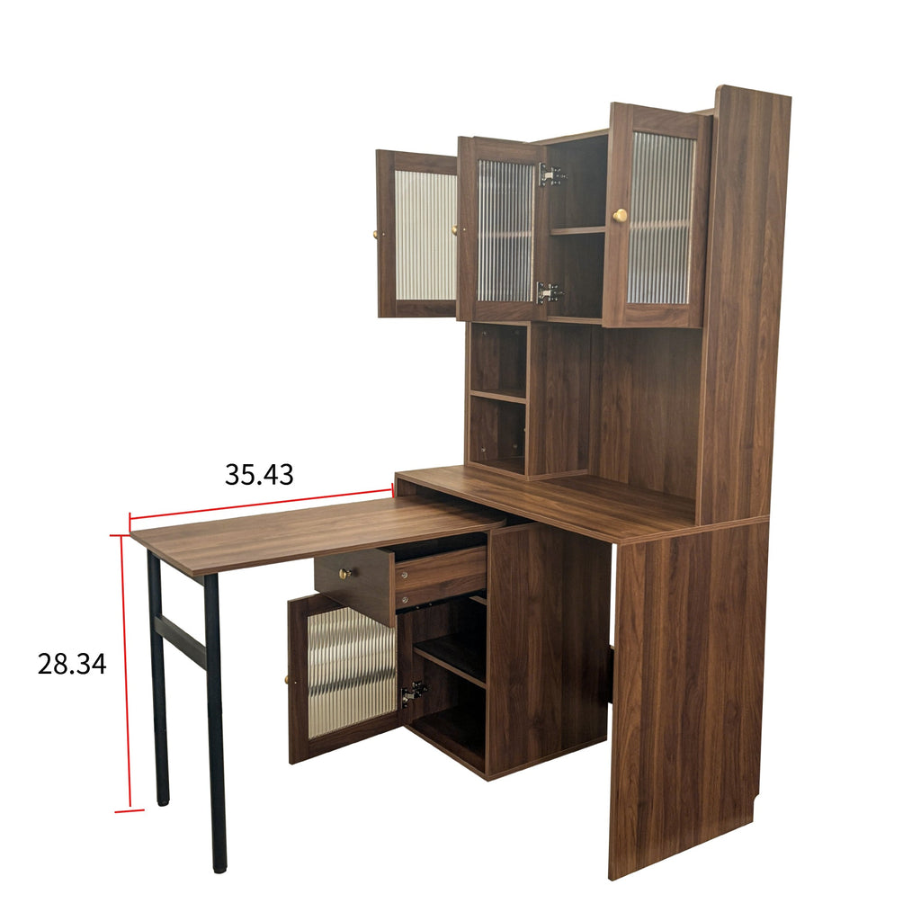 Computer Desk with glass door for Home Office or Study desk,  Bookshelf & Hutch, Computer Desk with 90 Degree Rotating Desktop,Large Working Space