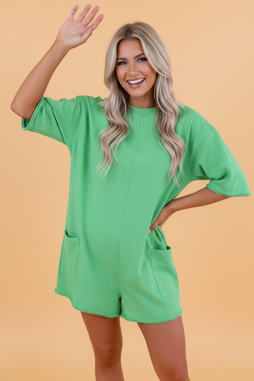 Solid Raw Edge 3/4 Sleeve Pocketed Loose Romper