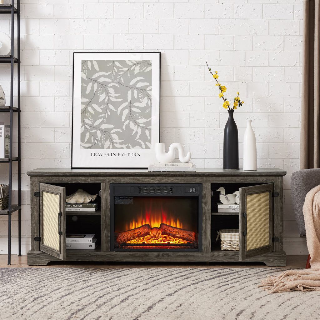 Natural Rattan Door Cabinet with Adjustable Shelf Wood, Farmhouse Rattan TV Stand Console Table for TVs up to 70 Inches, Storage tv stand with 23' fireplace insert, 65'W*15.55'D*23.86'H,GREY