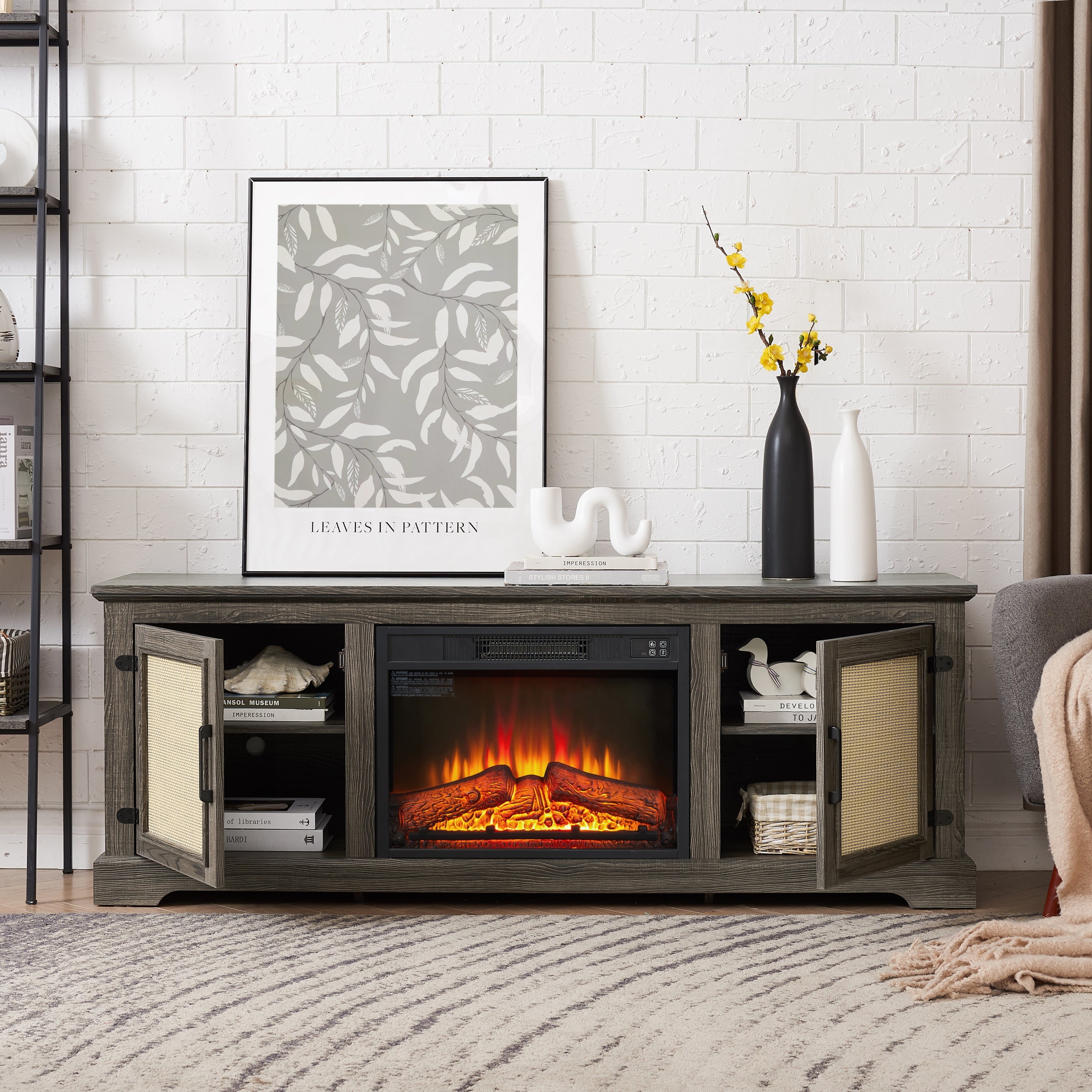 Natural Rattan Door Cabinet with Adjustable Shelf Wood, Farmhouse Rattan TV Stand Console Table for TVs up to 70 Inches, Storage tv stand with 23' fireplace insert, 65'W*15.55'D*23.86'H,GREY