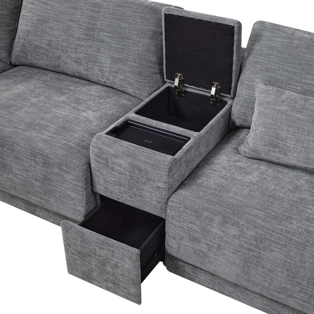 [VIDEO+NEW]124'' Modular Sectional Sofa with Storage Console and Movable Ottoman,33'' Wide Seat,4 Seat L Shaped Chenille Couch,Reversible Comfy Sofa with USB Charger for Living Room,Apartment,2 Colors