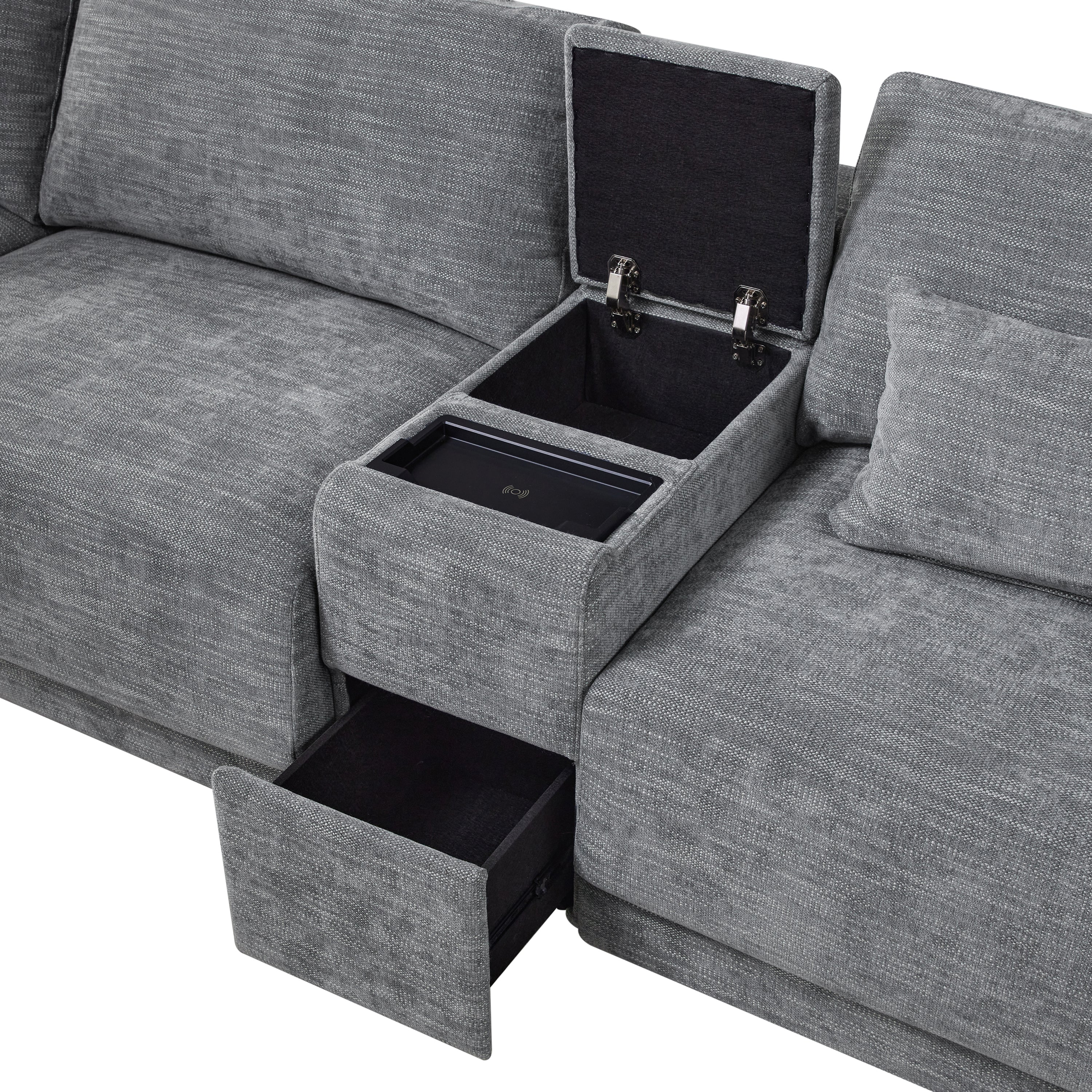 [VIDEO+NEW]124'' Modular Sectional Sofa with Storage Console and Movable Ottoman,33'' Wide Seat,4 Seat L Shaped Chenille Couch,Reversible Comfy Sofa with USB Charger for Living Room,Apartment,2 Colors