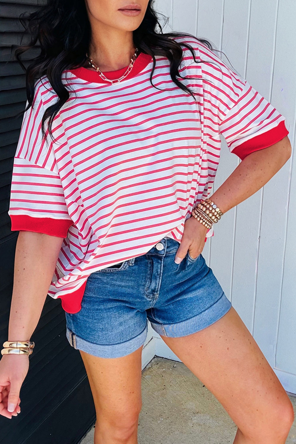 Stripe Drop Shoulder Half Sleeve T-Shirt
