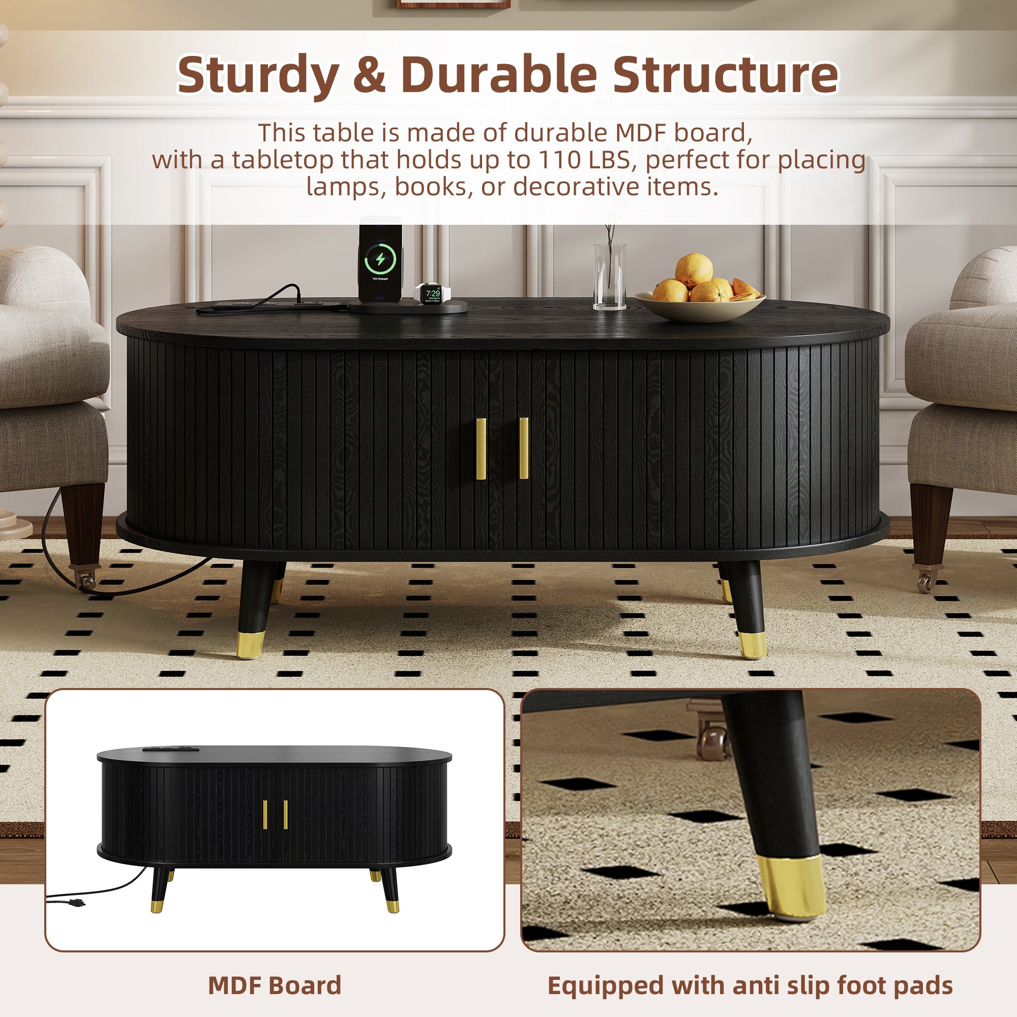 Wooden Farmhouse TV Stand & Coffee Table Set with Charging Station, Oval Fluted Media Console with Sliding Doors for TVs up to 80', Mid-Century Center Table with Solid Wood Legs for Living Room,Black