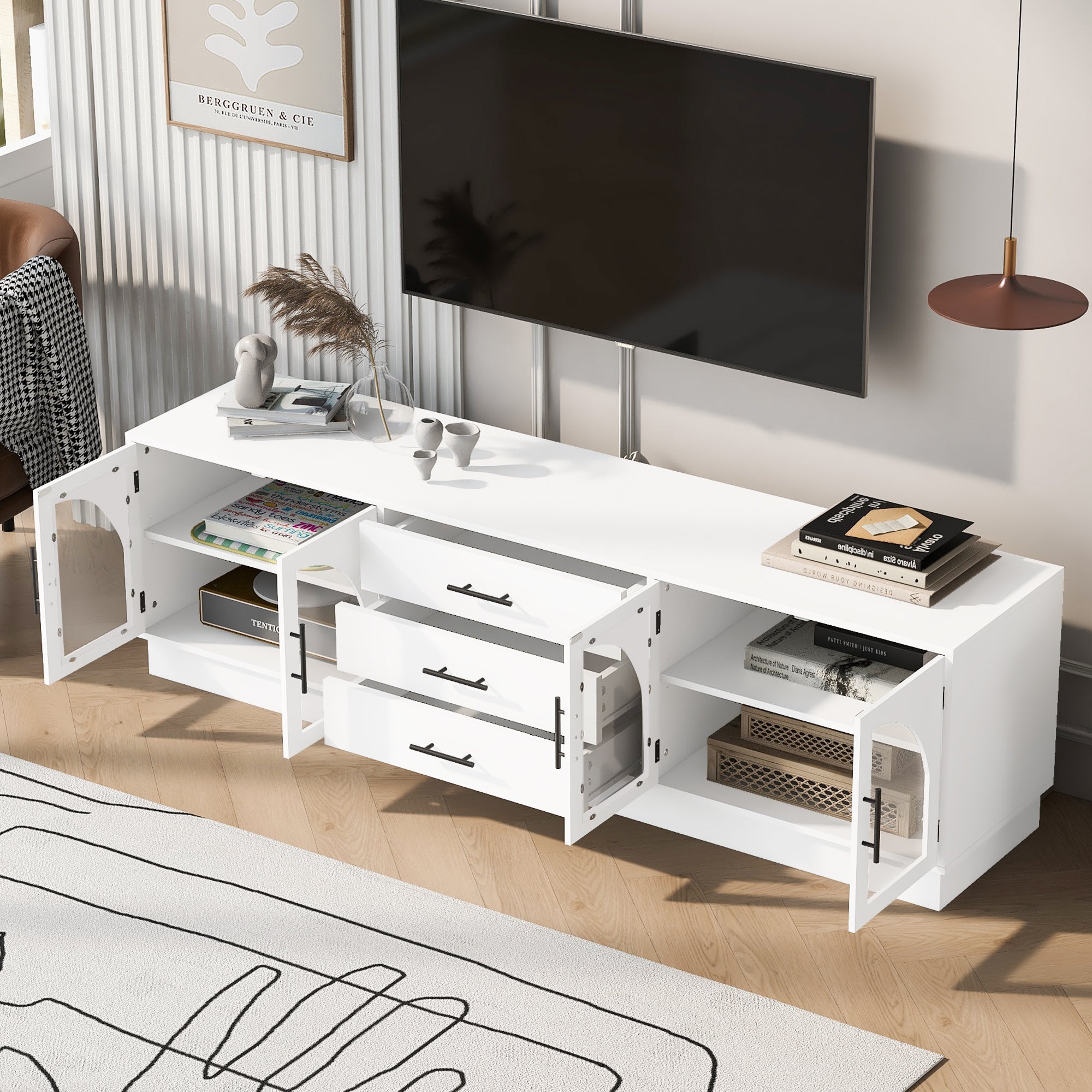 U-Can 68.9'' Modern Minimalist TV Stand for TVs up to 75 Inches, Entertainment Center Media Console Cabinet with Adjustable Shelves for Living room