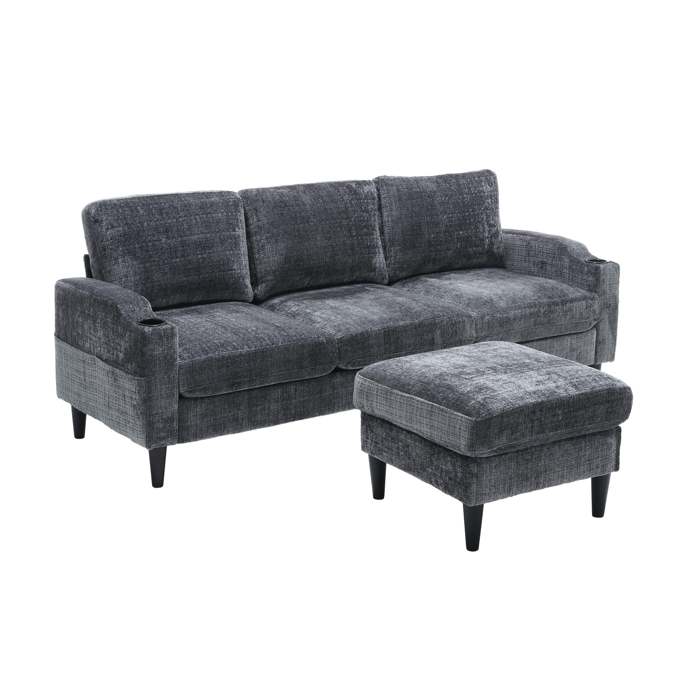 UNITED  WE WIN Sofa for three, solid wood frame, Chenille fabric, side pocket, with two cup holders, footstool with storagestorage sofa /Living room sofa cozy sectional  sofa