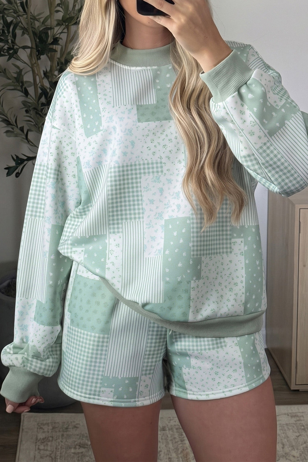 Floral Patchwork Sweatshirt & Drawstring Shorts Set