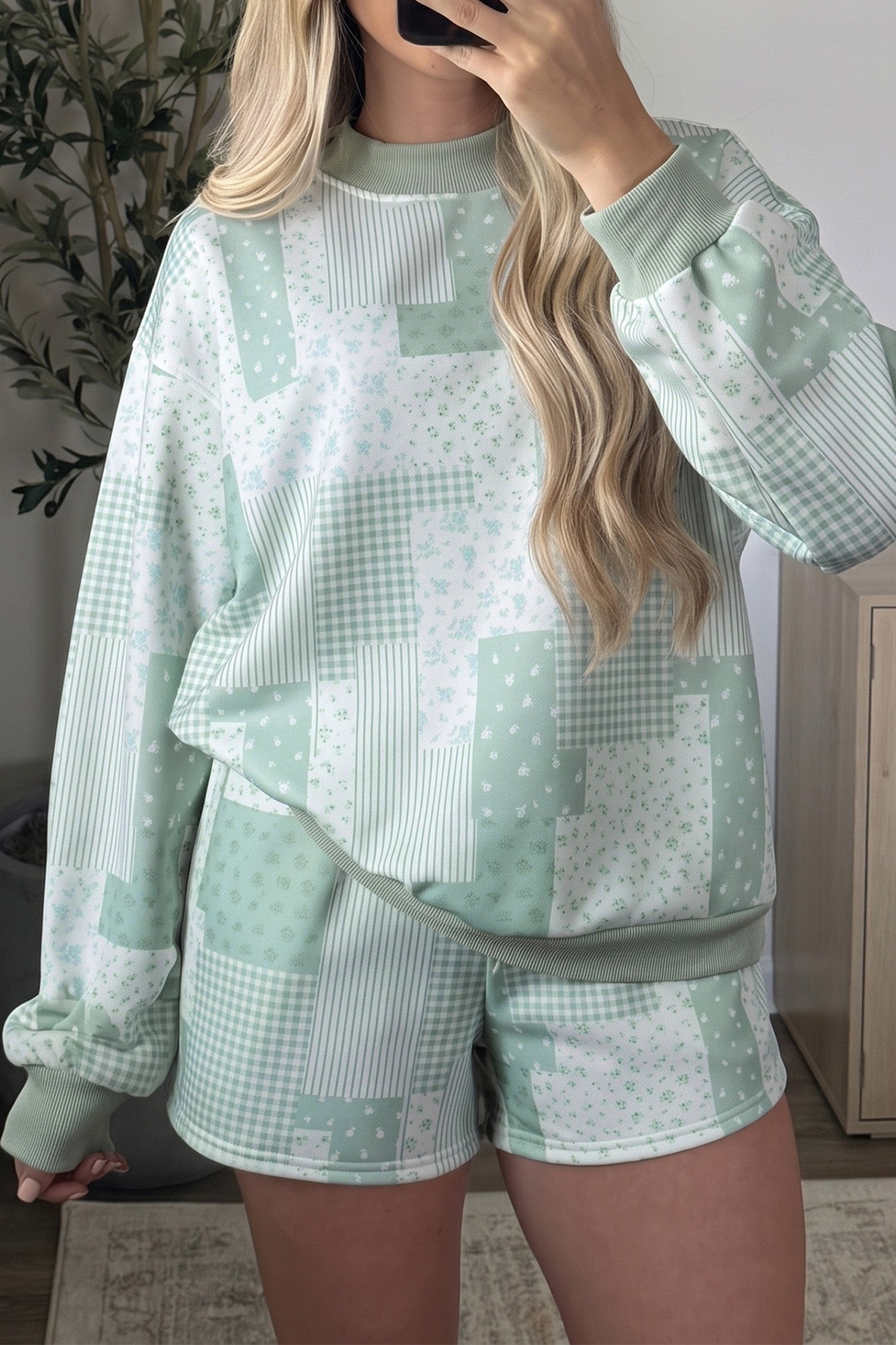 Floral Patchwork Sweatshirt & Drawstring Shorts Set