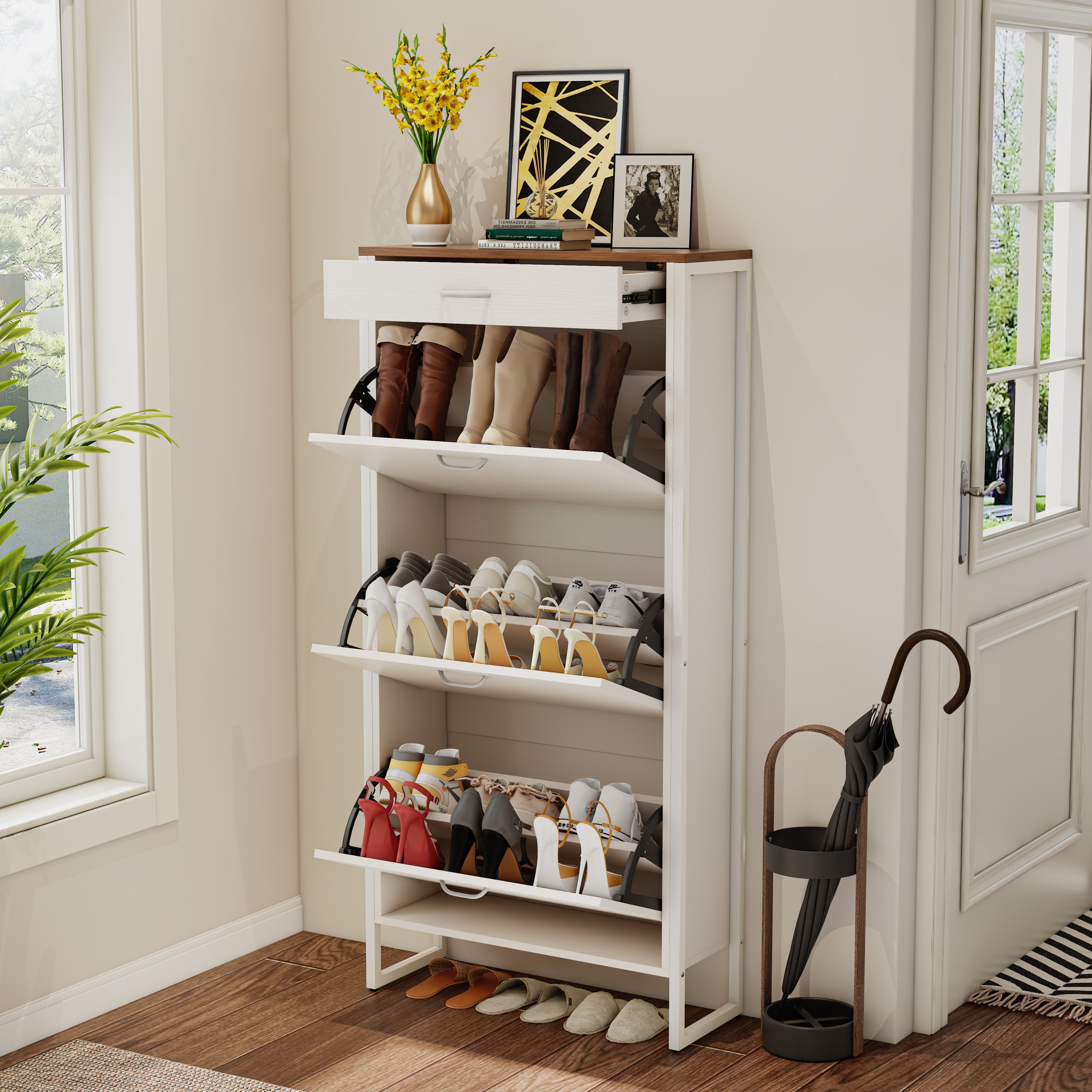 Shoe Storage Cabinet with 3 Flip Drawers&1 Drawer, Slim Freestanding Storage Racks for Entryway, Hallway, Hidden Narrow Shoe Organizers Perfect for Heels, Boots, Slippers, white/Walnut
