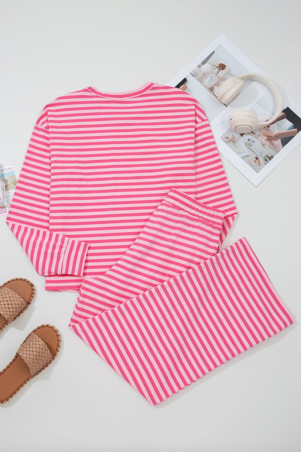 Stripe Drop Shoulder Top & Buttoned Pants Set