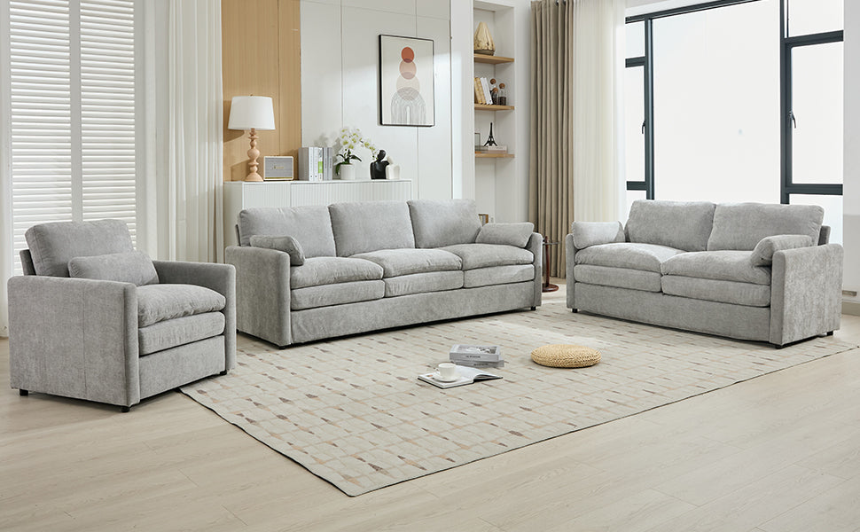 Cozy Upholstered Sofa Set with Double Cushion Design, Light Grey Chenille Fabric, Modern Living Room Couch