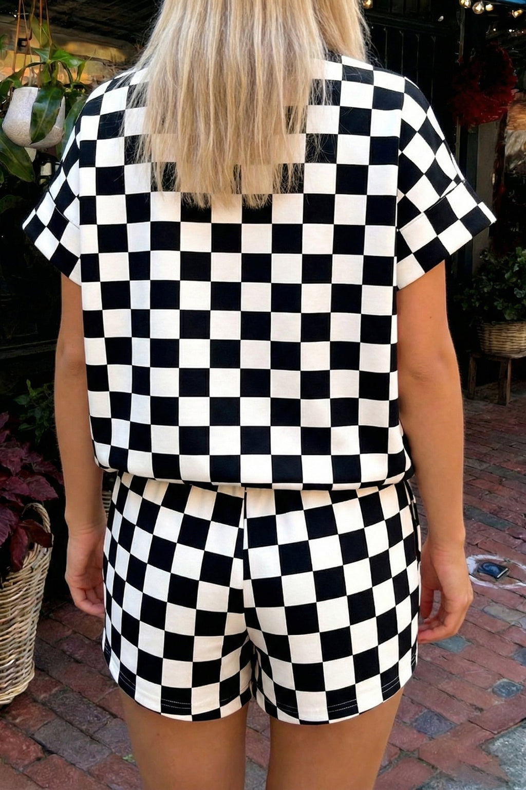 Checker Colorblock Mock Neck Top & Short Set