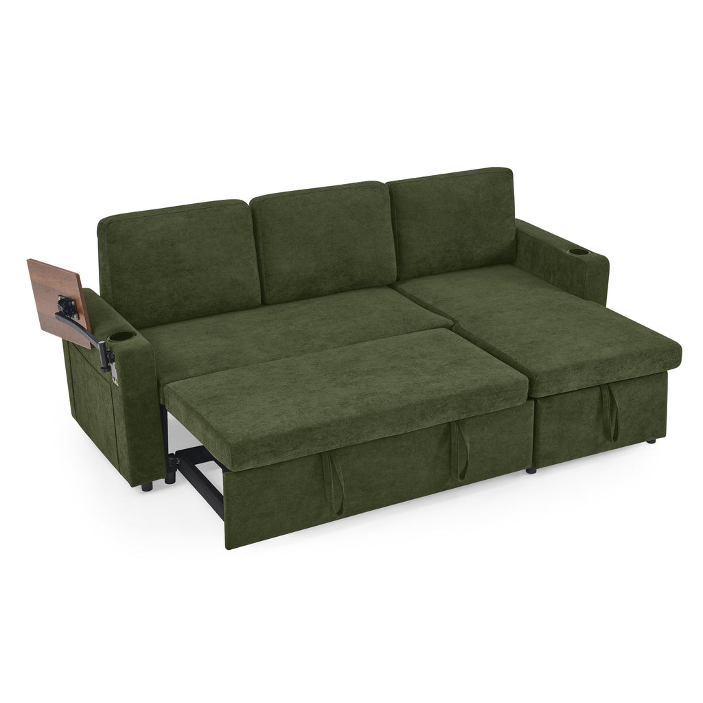 Modern Chenille Multi-functional Pull-Out Bed Sofa with Retractable Table and LED Lighting, USB Charging Ports and Cup Holders, Green