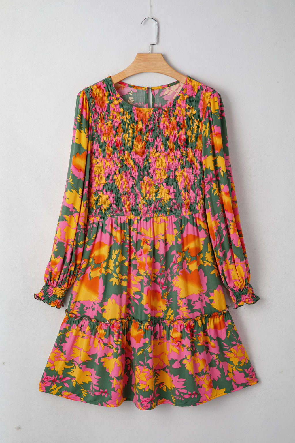 Floral Smocked Ruffle Hem Long Sleeve Mini Dress