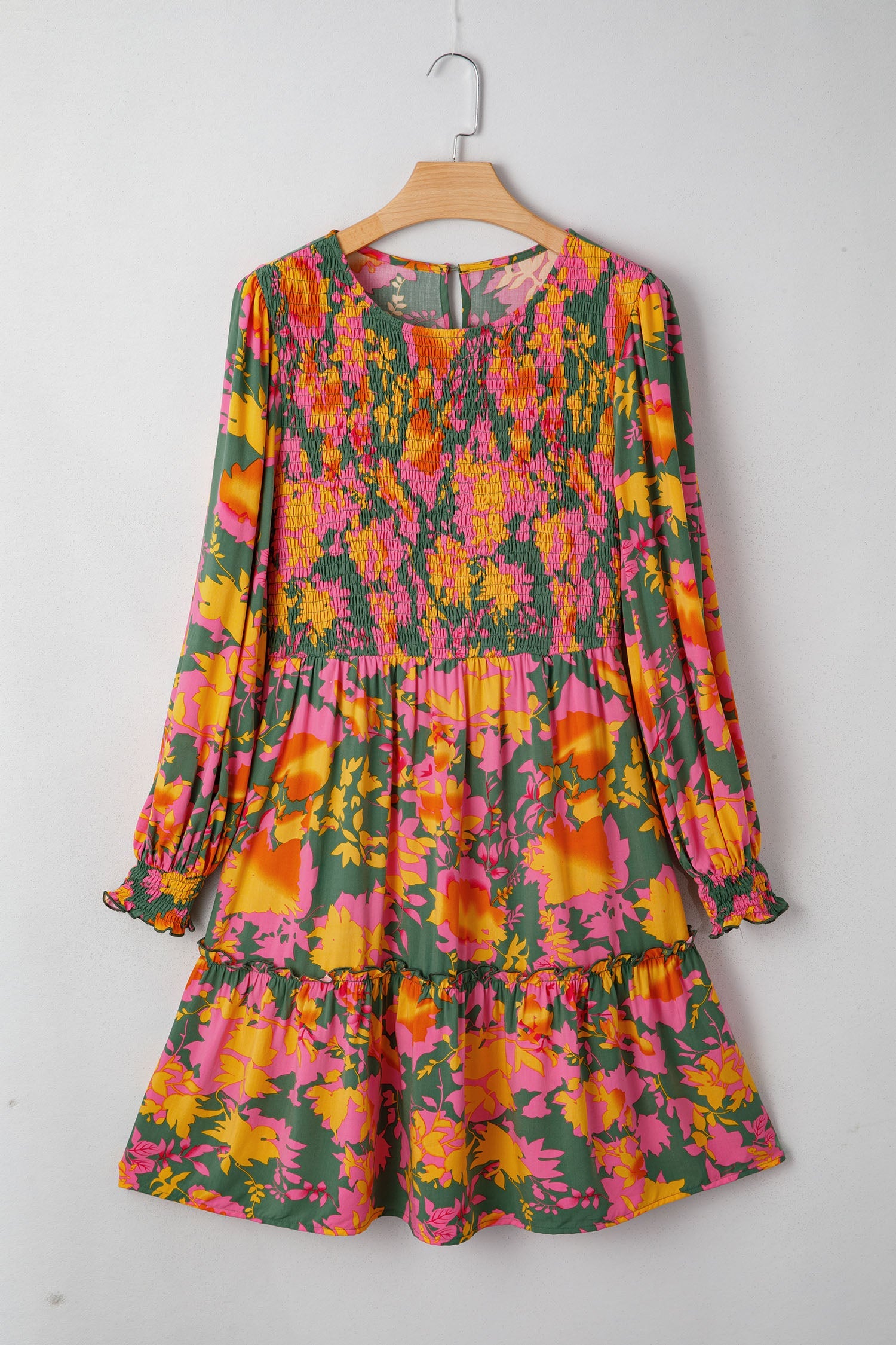 Floral Smocked Ruffle Hem Long Sleeve Mini Dress