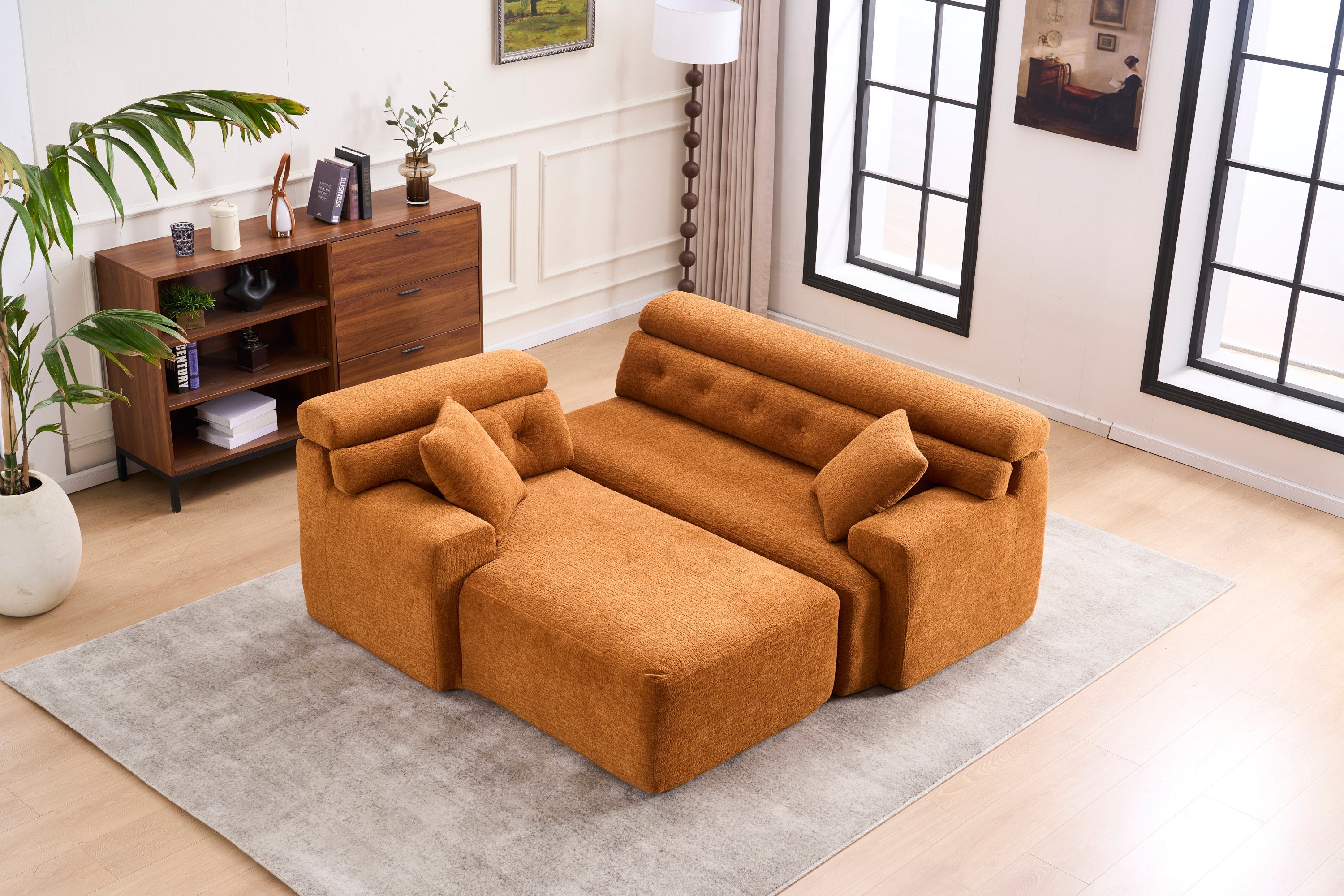 LY-029B Convertible Chaise Sectional Sofa, Full Compression Sponge Modular Couch for Apartment Living Room,Orange 3-Seater with Wood Grain Chenille, 2 Pillows Included, 86'L