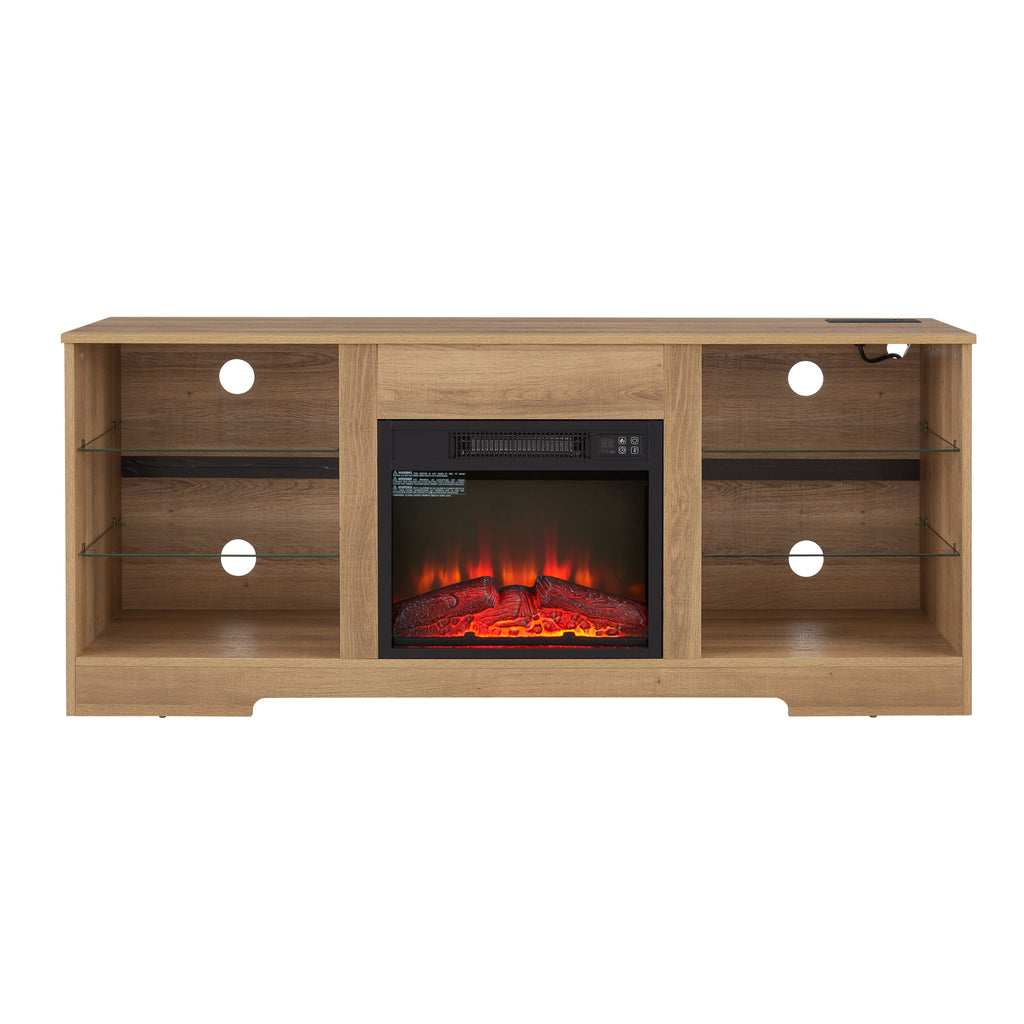 TV Stand Electric Fireplace TV Stand with Glass Shelves, 3D Fireplace TV Stand with LED Lights Wood with USB Charging Outlet Modern Television Table Center for TV up to 32-62' OAK 58'W*15.4''D*24.4