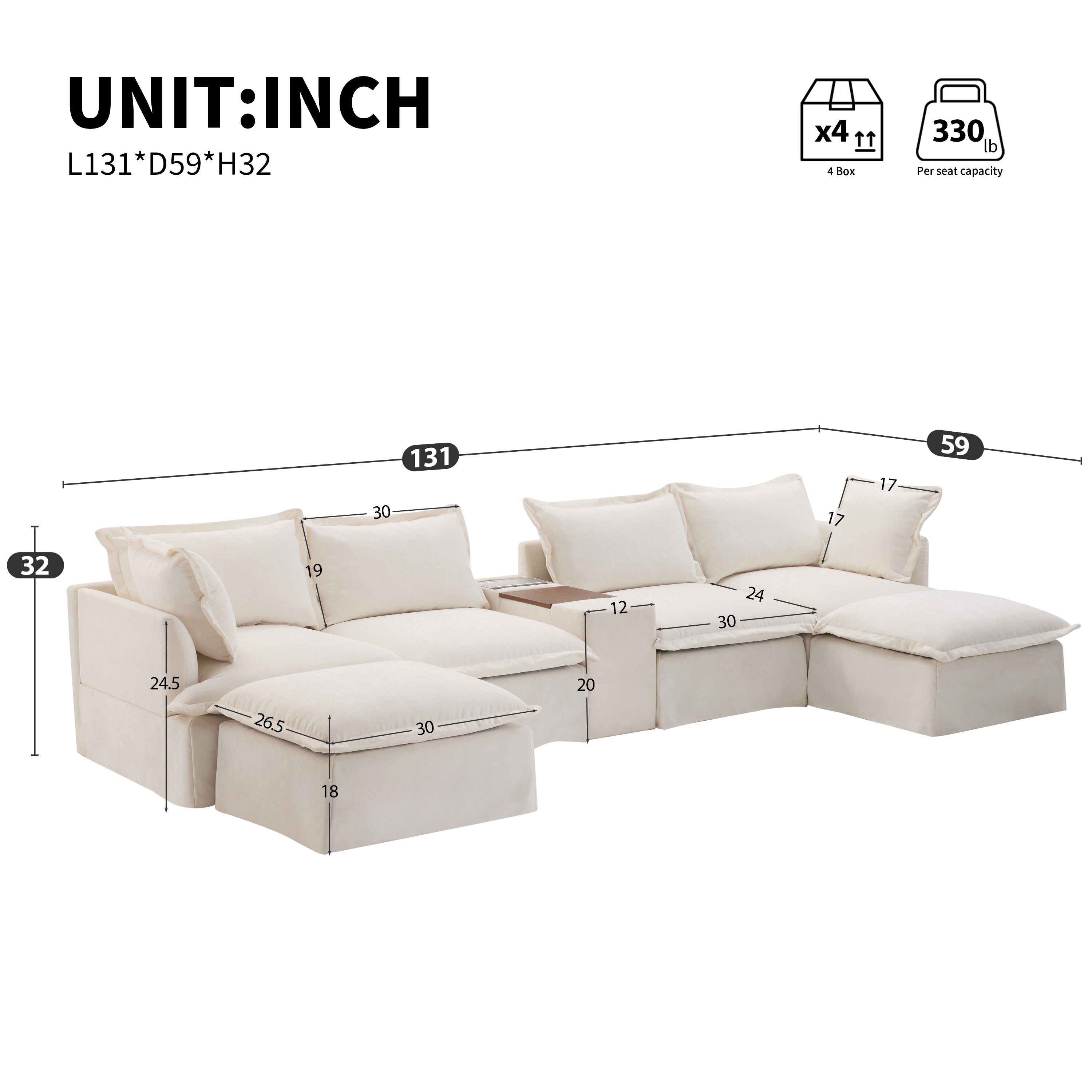 [VIDEO+NEW]131'' Modular Sectional Sofa with Movable Ottoman and Console,Cup Holder,Wide Seat,6 Seat U Shaped Couch,Oversized Chenille Sofa with USB Charger for Living Room,Apartment,2 Colors