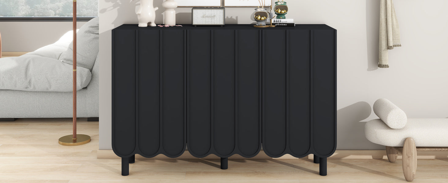 ON-TREND Cream Style Minimalist Shoe Cabinet with 5 Solid Wood Legs, Sideboard Buffet Cabinet with Adjustable Shelves, Large Storage Cabinet with Wave Doors for Living Room, Black