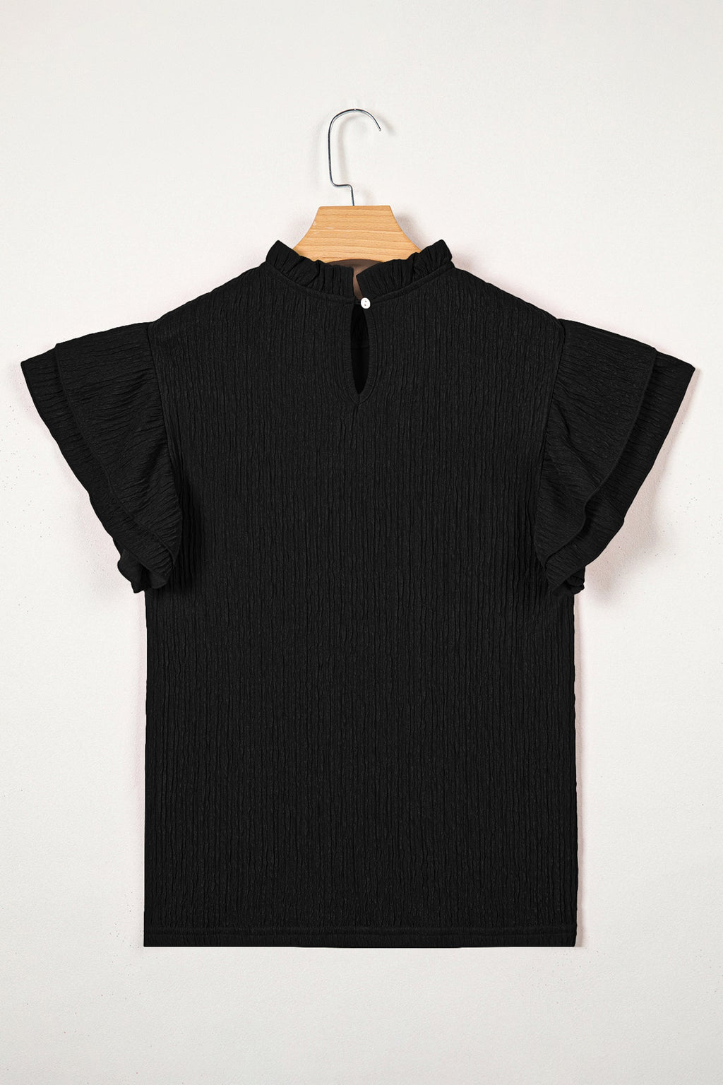 Solid Textured Ruffle Trim Short Sleeve Blouse