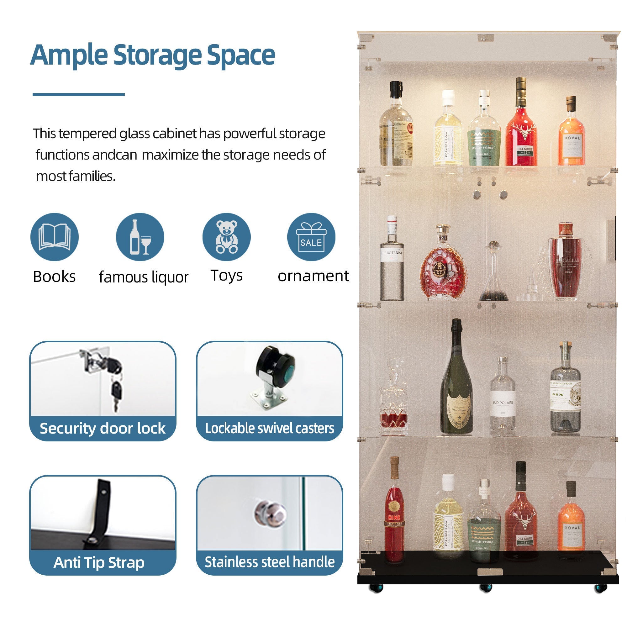 Tempered glass display cabinet,wine cabinet, storage cabinet,file cabinet,with Bluetooth LED strip,can be controlled by remote control or mobile APP,swivel casters,can be placed anywhere, color:black