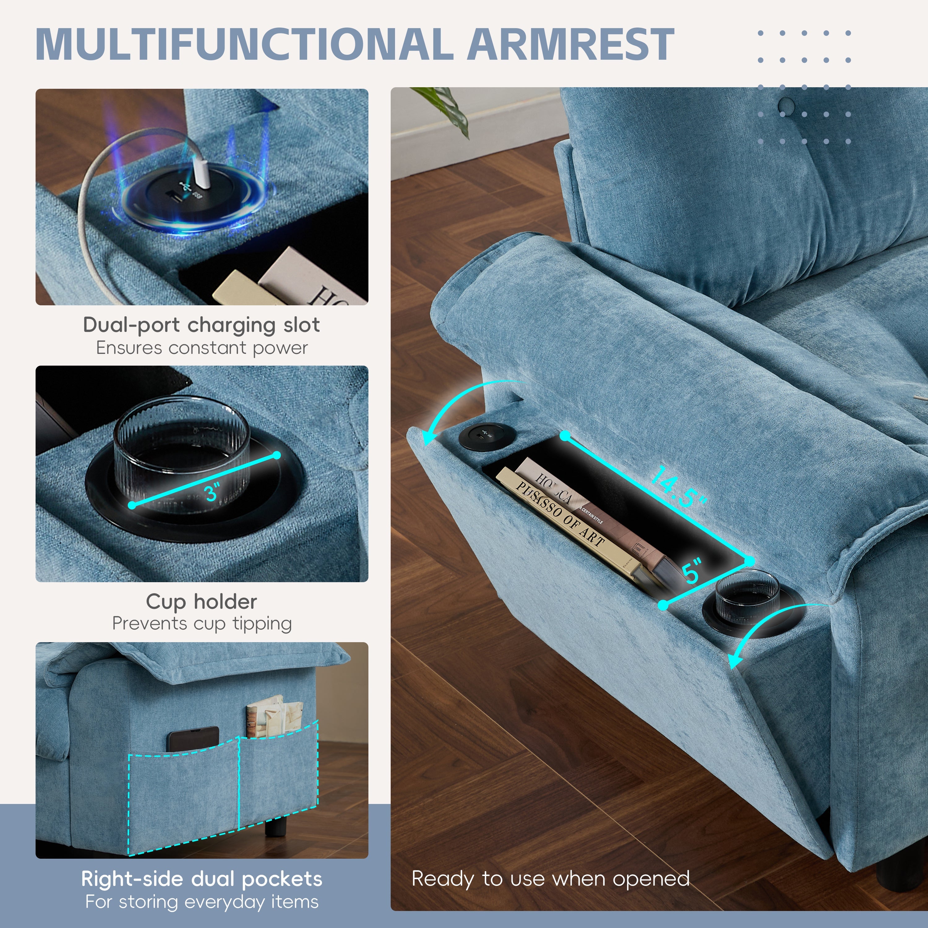 [VIDEO]104*60' Sectional Sofa, L-Shape with Multifunctional Armrest, Dual-Port Charging, Cup Holder, Side Storage Pockets, Movable Storage Ottoman, Unique Tufted Design, Soft Cushion, Chenille,3colors