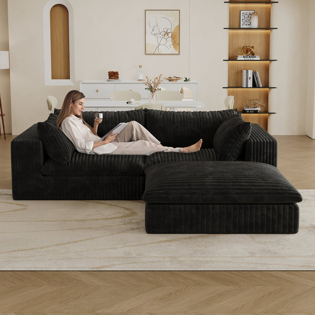 39.8' Cloud Sofa,Corduroy Fabric,Deep Seat Couches,Double-layer design,Removable  Cushion,No Assembly, DIY Combination for Living room, Bedroom,Conference room ,Apartment,Black