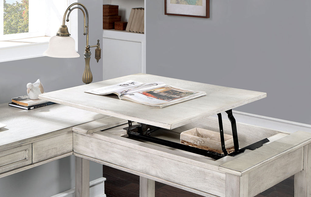 Transitional Computer Desk Antique White, USB Port Lift Top Design And Dovetail Drawer