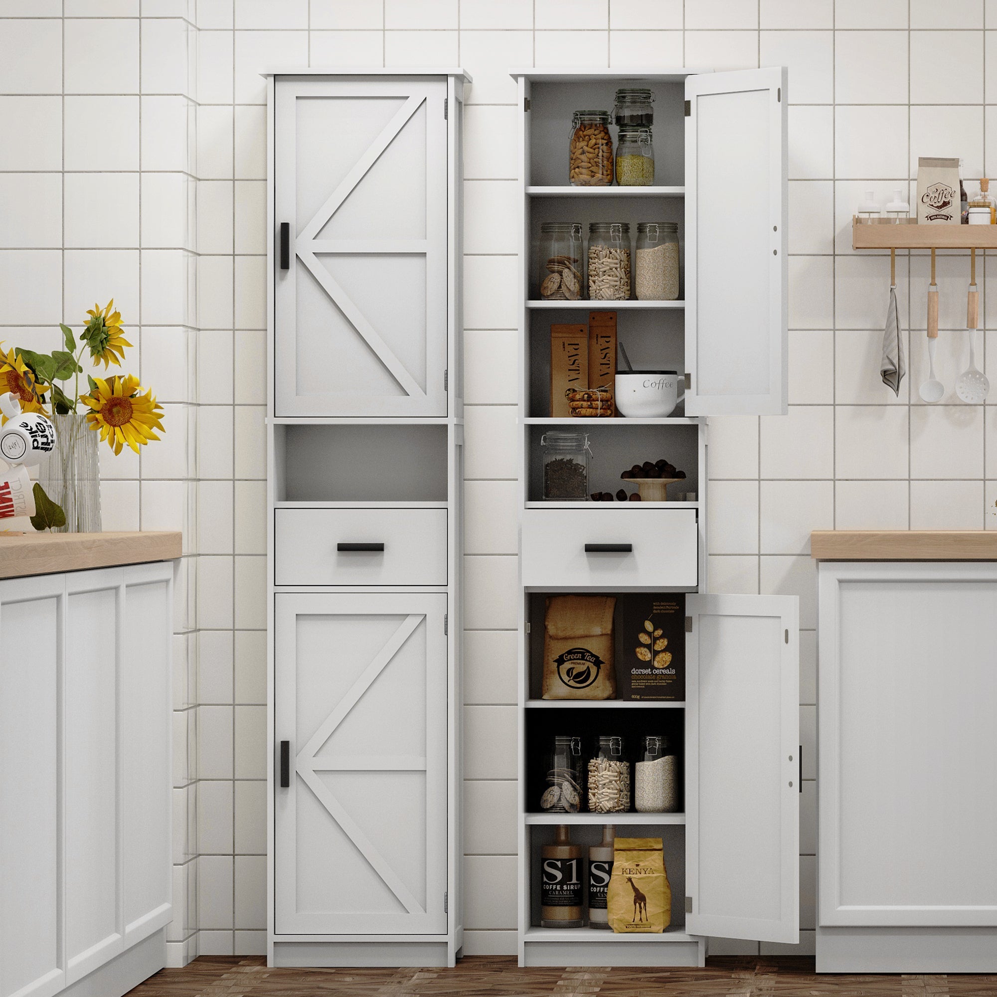 69' H Tall Bathroom Storage Cabinet with 2 Barn Doors and 1 Drawer, Narrow Storage Unit, Adjustable Shelves,Floor Cabinet for Bathroom, Living Room, Entryway,Kitchen,(White)