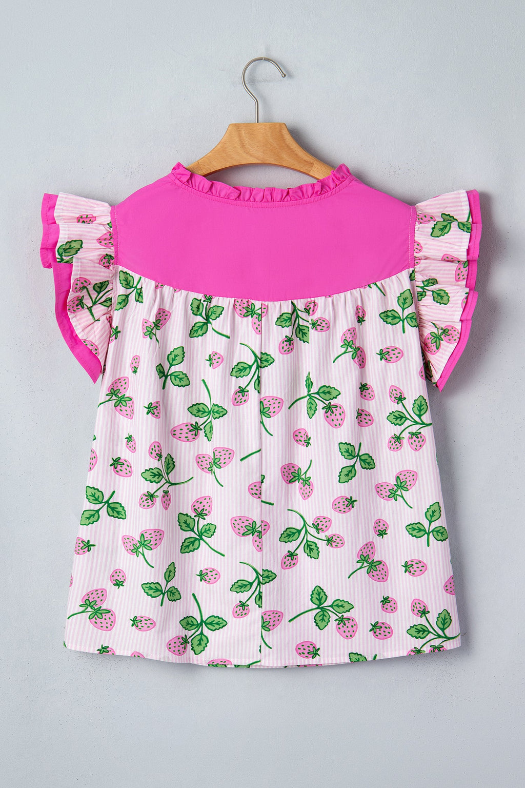 Stripe Strawberry Patchwork Flutter Sleeve V-Neck Blouse