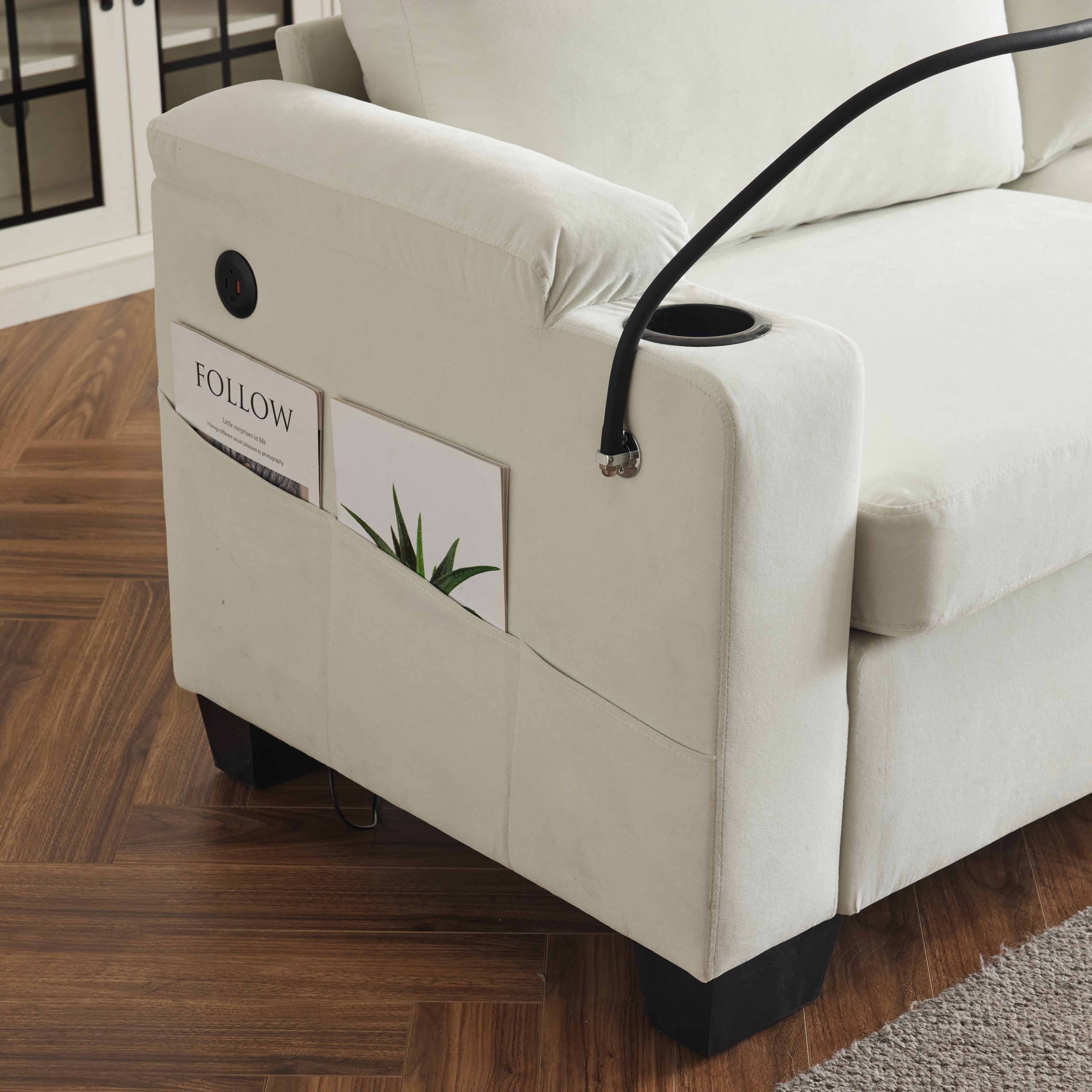 Pull-out sofa bed, chenille material, pull-out queen sofa bed, with USB charging, mobile phone holder, memory sofa, removable and washable cushions, suitable for living room, bedroom, apartment, white