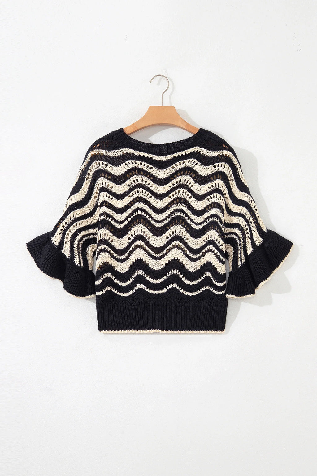 Wavy Stripe Ruffle 3/4 Sleeve Crochet Sweater