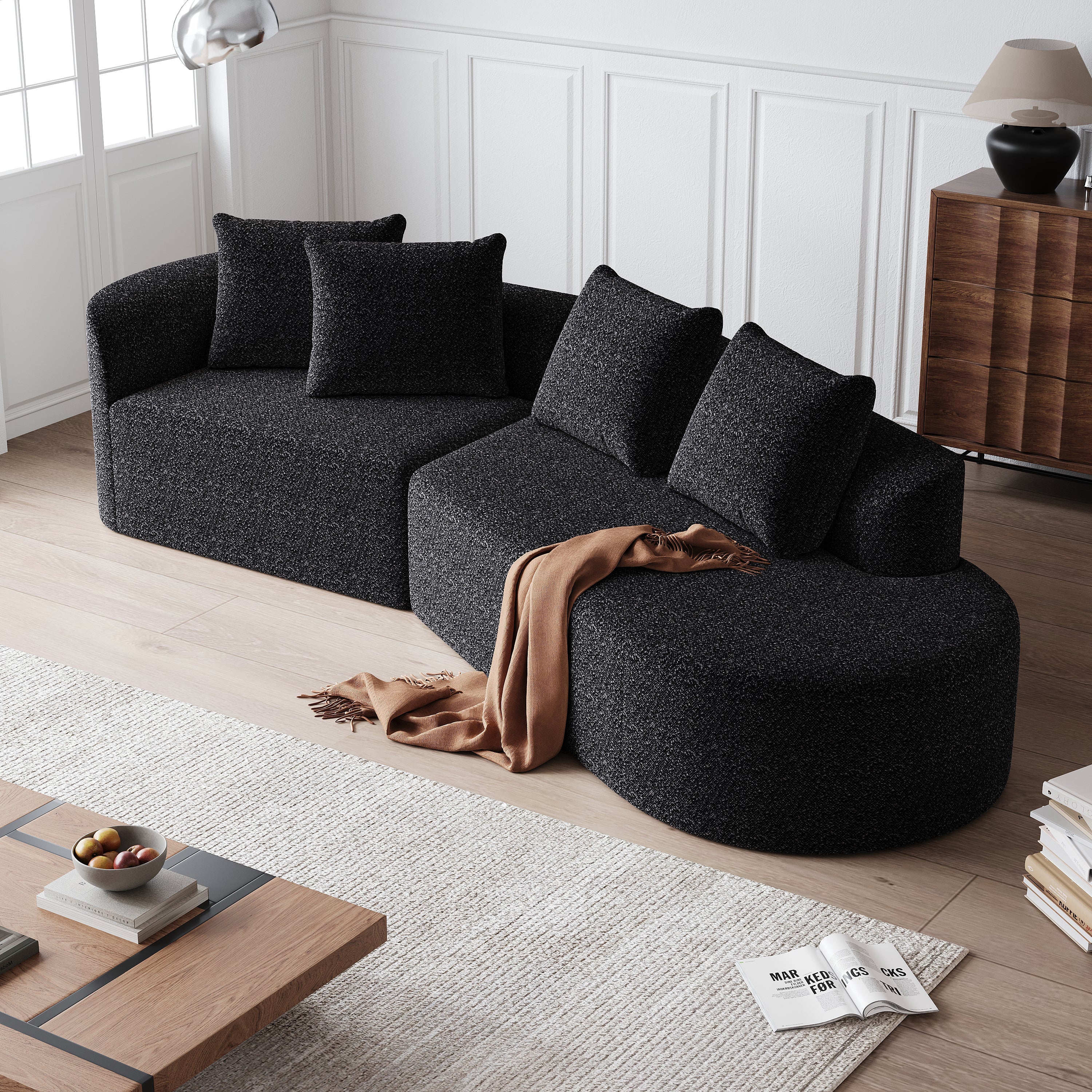 Modern Upholstered Oversized Sectional Sofa, 112-Inch Chenille 4-Seater Extra Deep & Wide Seat Curved Cloud Couch with 4 Throw Pillows, Free Combination Sofa Couch for Living Room,Bedroom