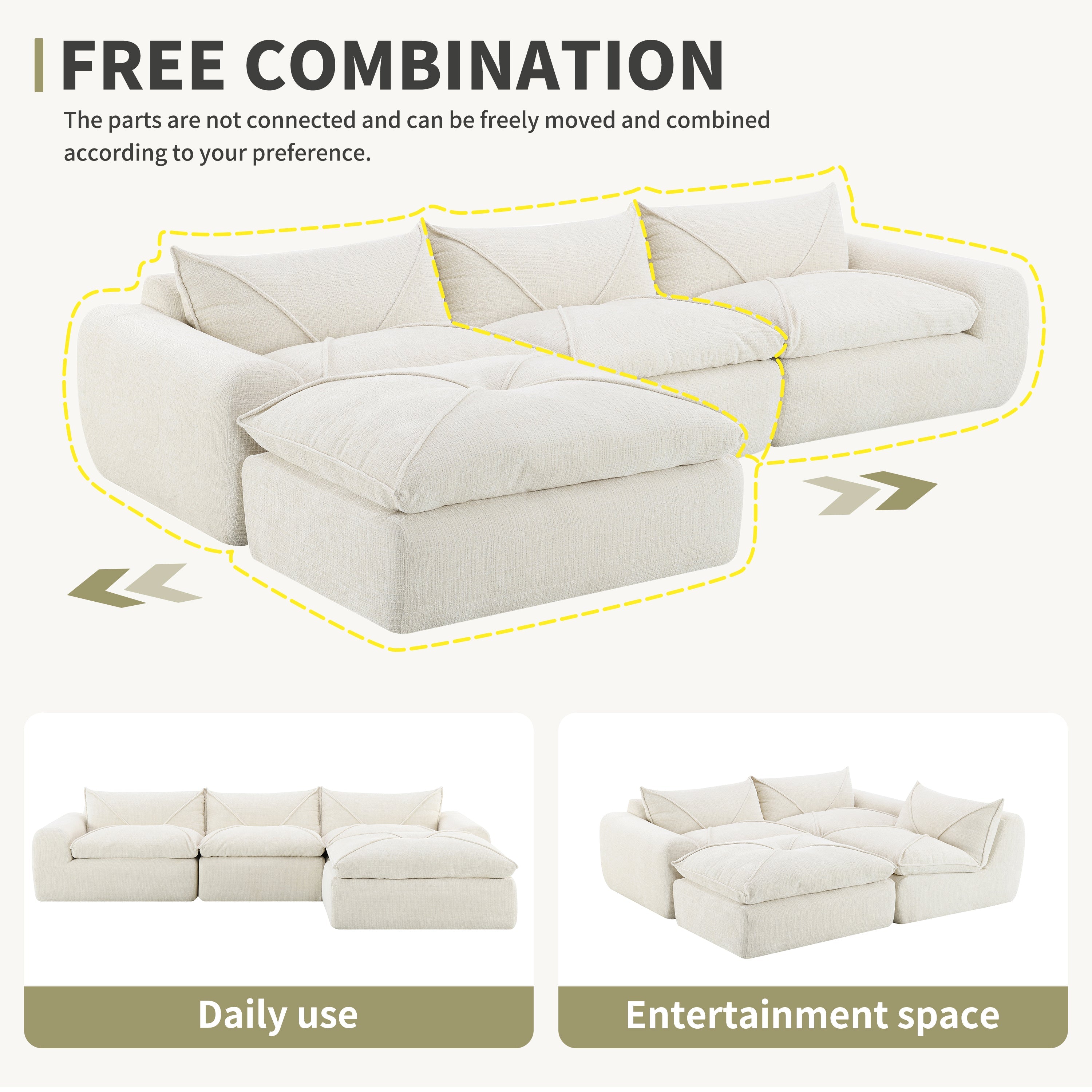 [VIDEO Provided] 116'' Fully Compressed Sofa with High Density Foam, No Assembly Required, Legless Design without Frame, Integrated Backrest and Seat Cushion, Free Combination, Particle Chenille
