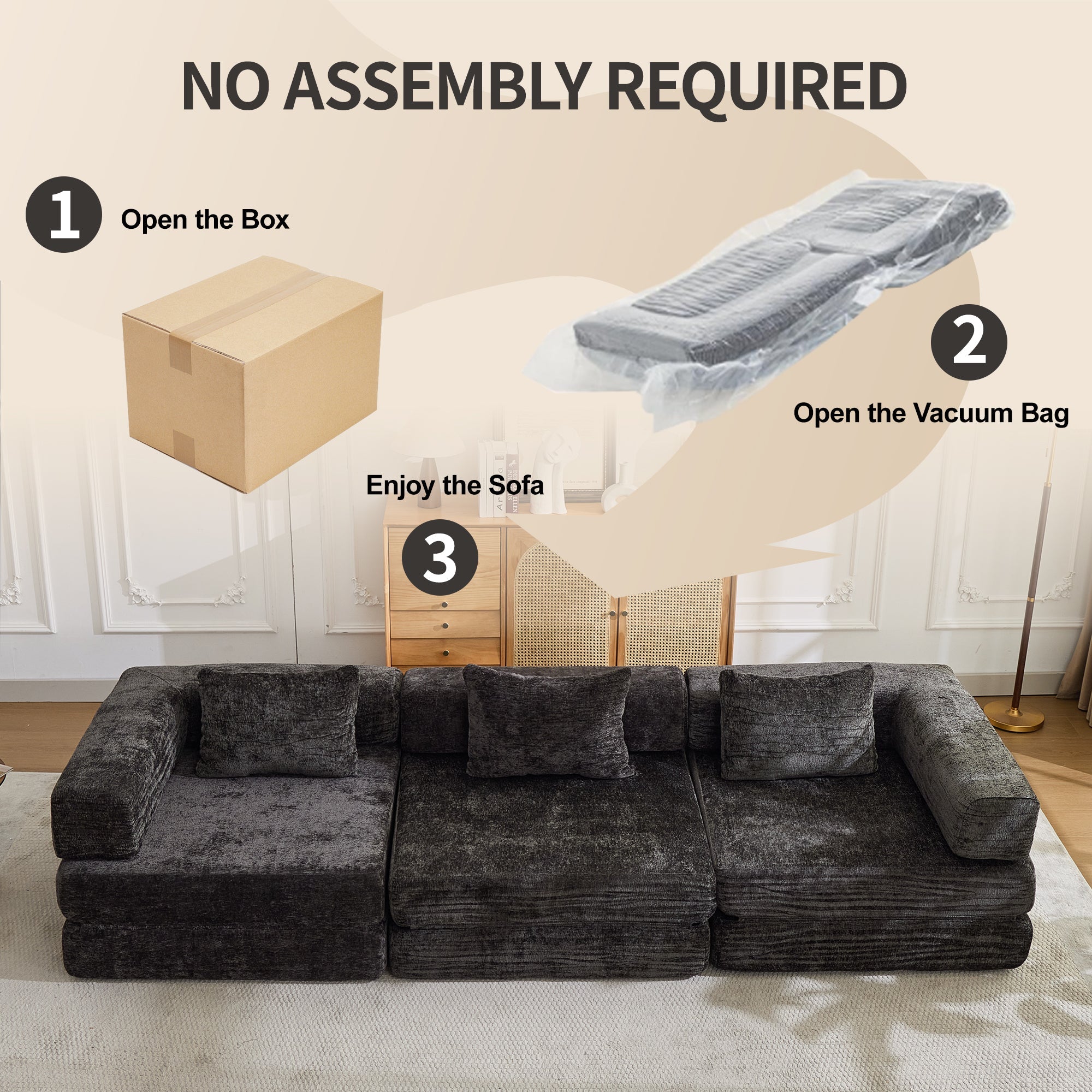 Compression Sofa,Convertible Floor Sofa Bed with Fixed-Shape Frame, Boneless Modular Sectional Sofa,No Assembly Required,Chenille fabric,for Living Room Bedroom,Black