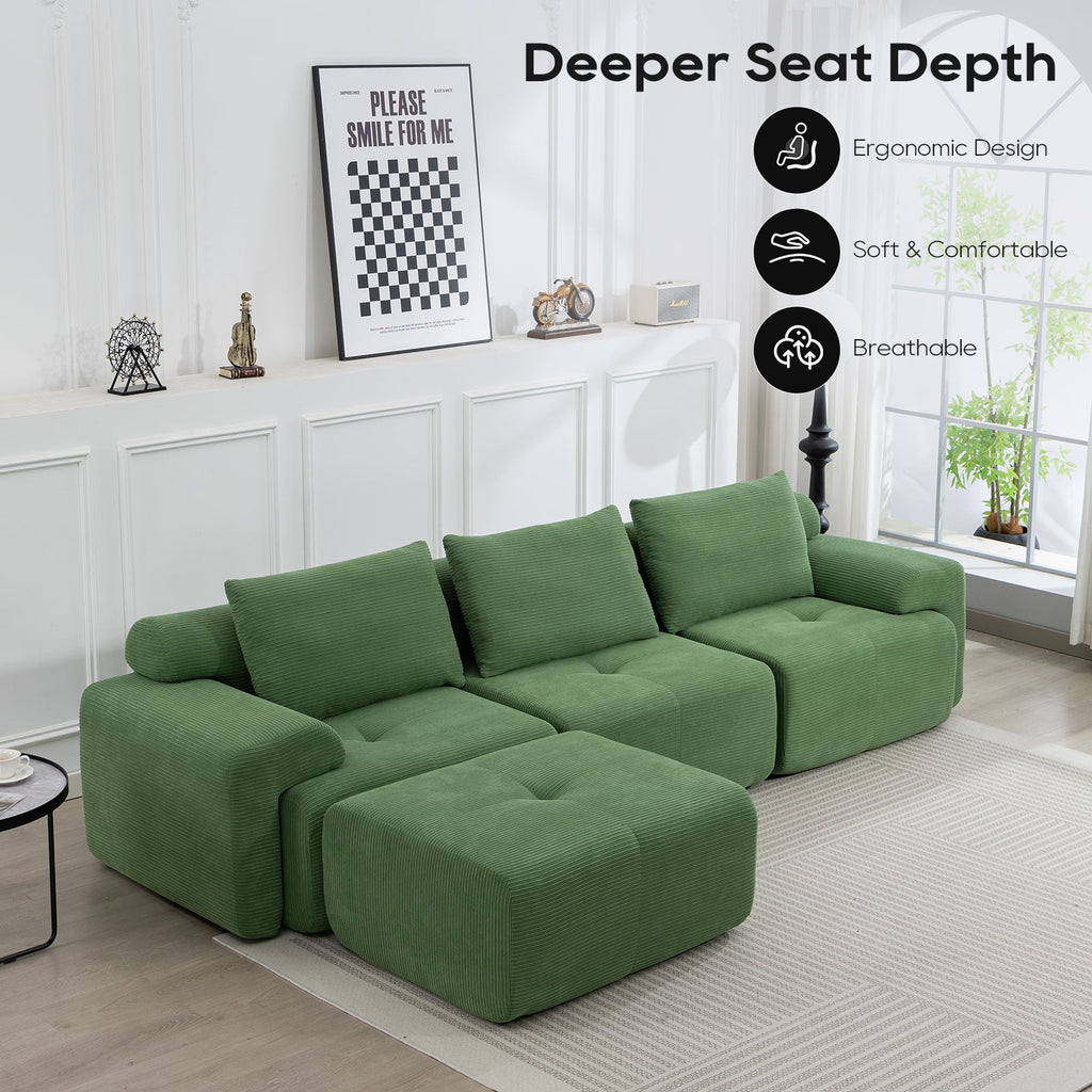 L-Shaped Sectional Couches for Living Room with Memory Foam & Steel Frame - No Assembly Convertible Sofa Bed, Corduroy Fabric Compression Sofa, Modular Couch for Apartments,Bedrooms,Home Theate,Green
