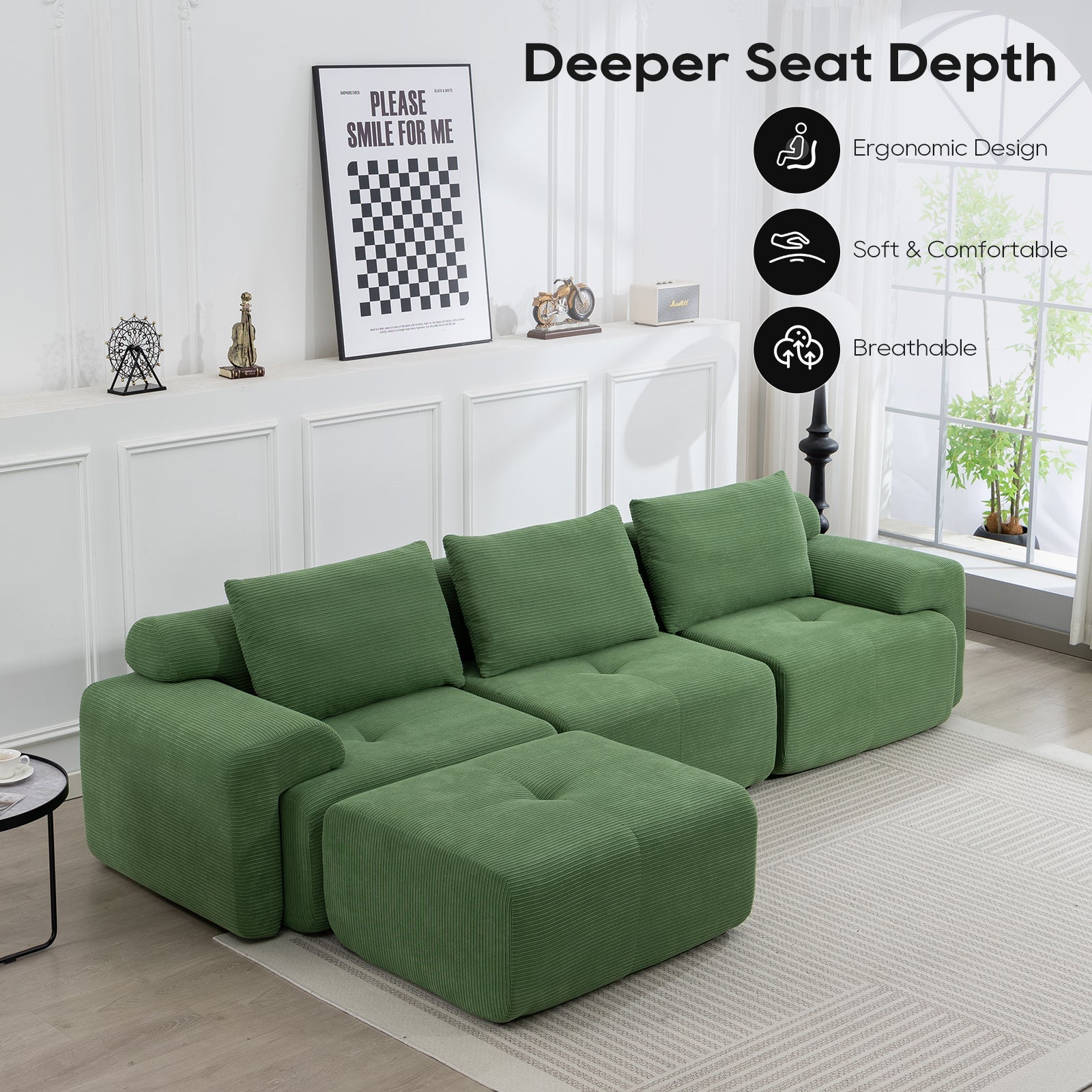 L-Shaped Sectional Couches for Living Room with Memory Foam & Steel Frame - No Assembly Convertible Sofa Bed, Corduroy Fabric Compression Sofa, Modular Couch for Apartments,Bedrooms,Home Theate,Green