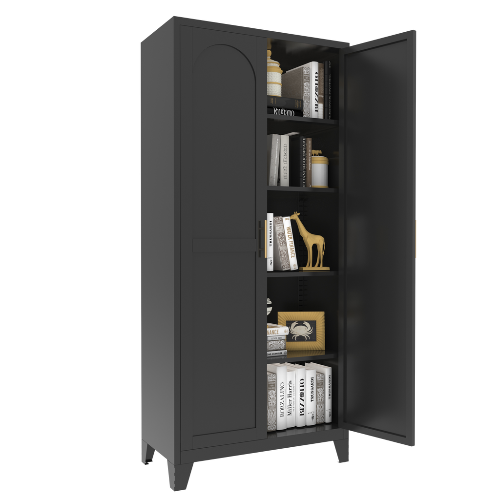 71'' 2 Shapely Doors Cabinet, Metal Storage Cabinet with Doors and Adjustable Shelves, for Bedroom, Living Room, Kitchen (Black)
