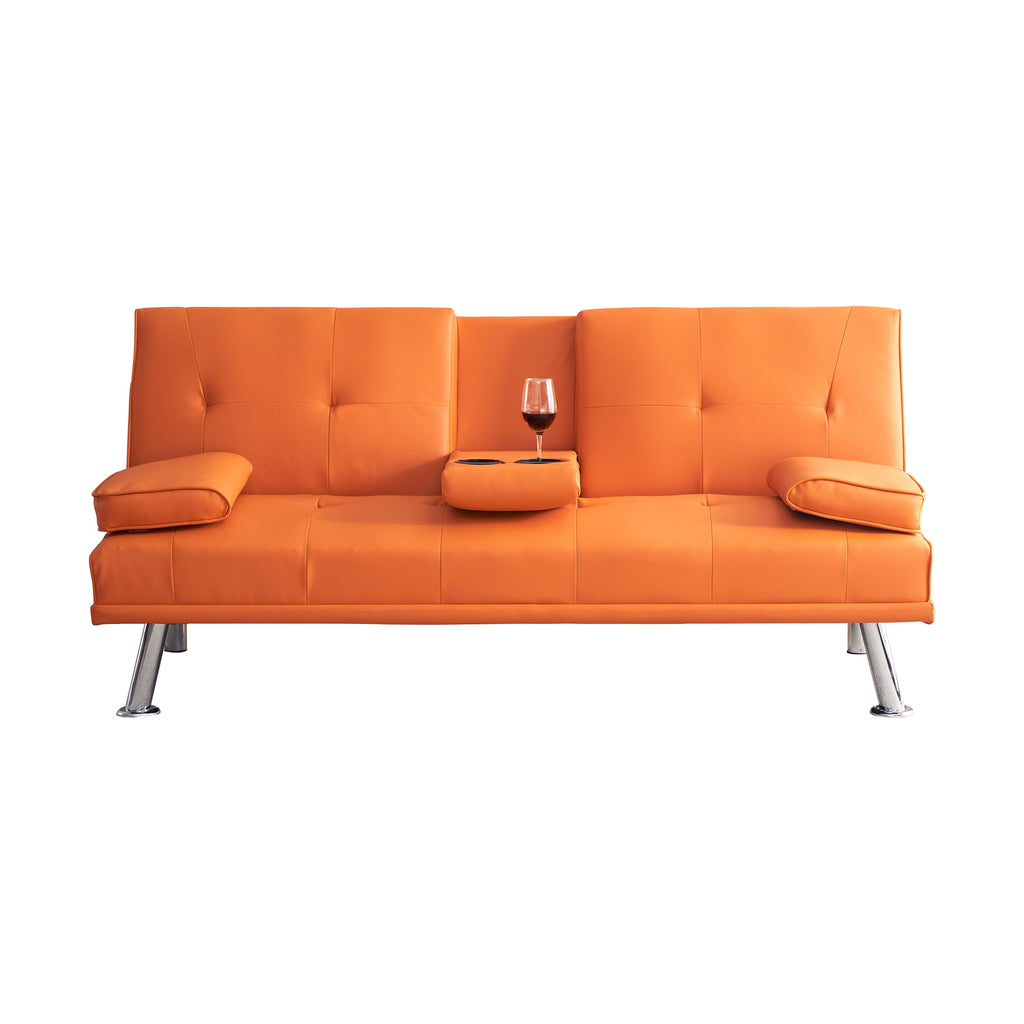 67' Orange Leather Office Sofa Bed, Double Fold, with Coffee Table, Multifunctional