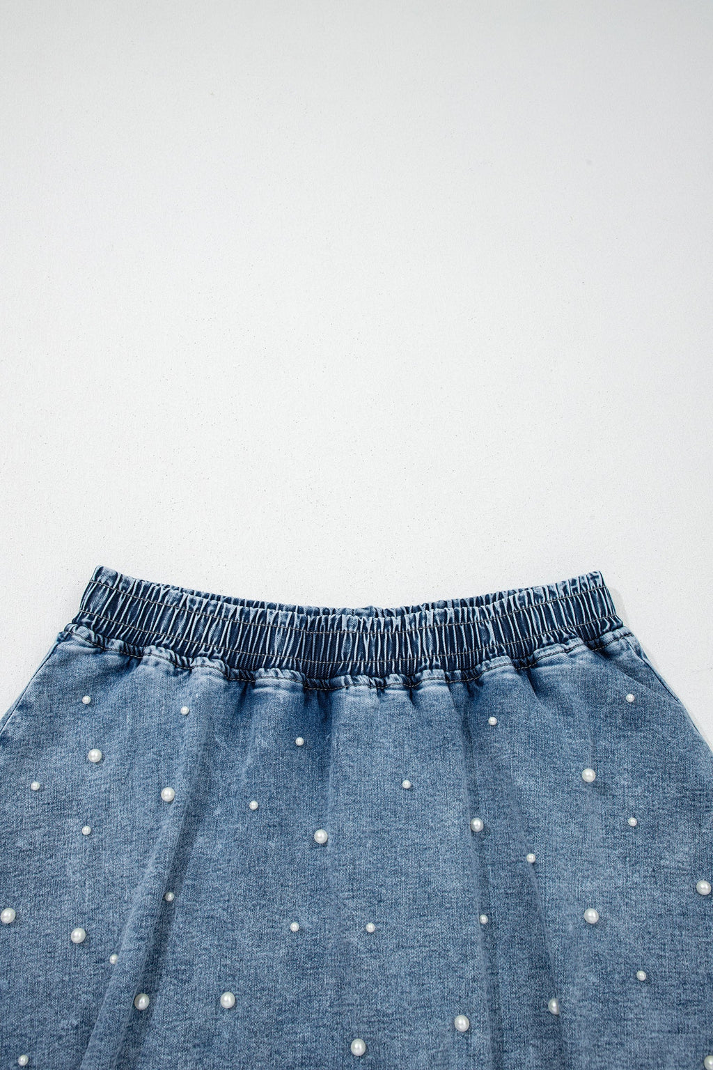Denim Pearl Embellish Elastic Waist Mini Skort