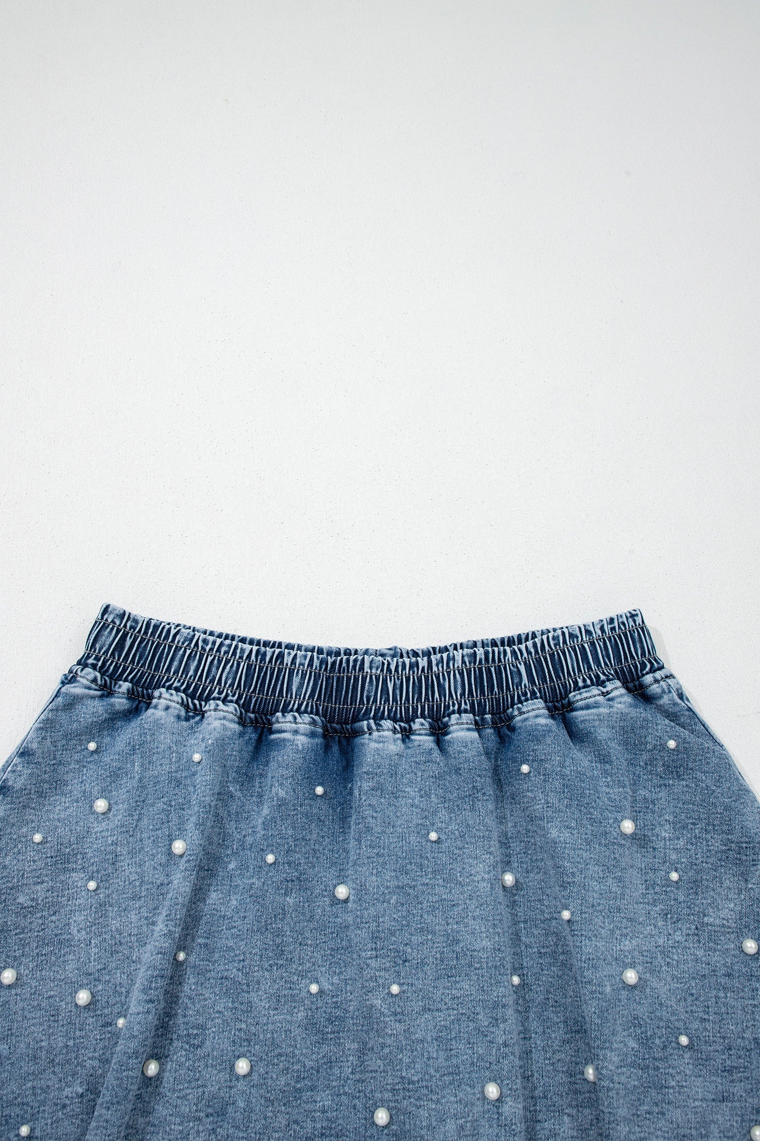 Denim Pearl Embellish Elastic Waist Mini Skort