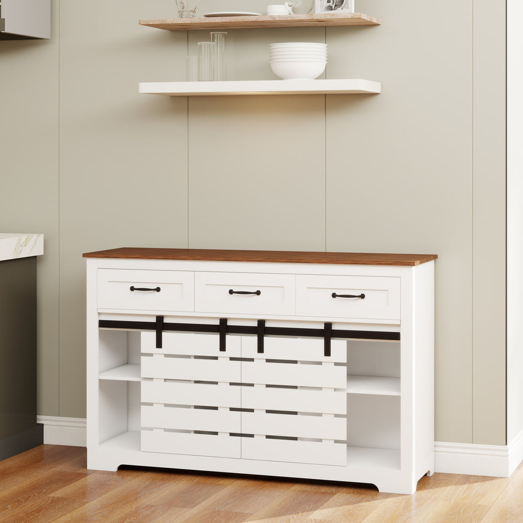 53' Farmhouse Sideboard Buffet Storage Cabinet with 3 Drawers, 2 Sliding Barn Doors, 2 Adjustable Shelves, Coffee Bar Cabinet for Kitchen, Living Room, Dining Room-White