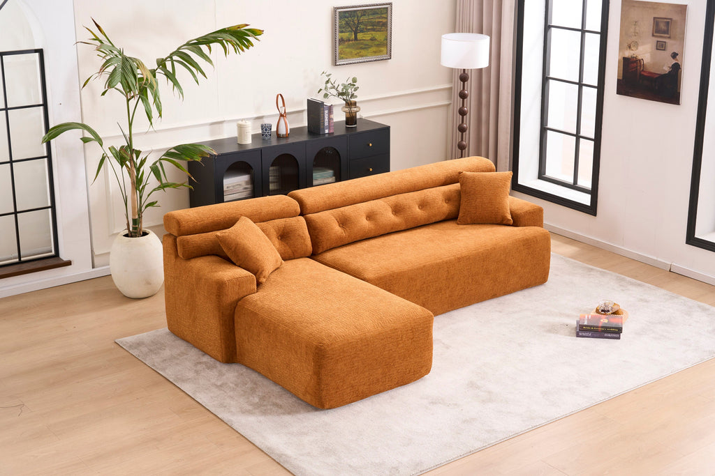 LY-029B Convertible Chaise Sectional Sofa, Full Compression Sponge Modular Couch for Apartment Living Room,Orange 3-Seater with Wood Grain Chenille, 2 Pillows Included, 86'L