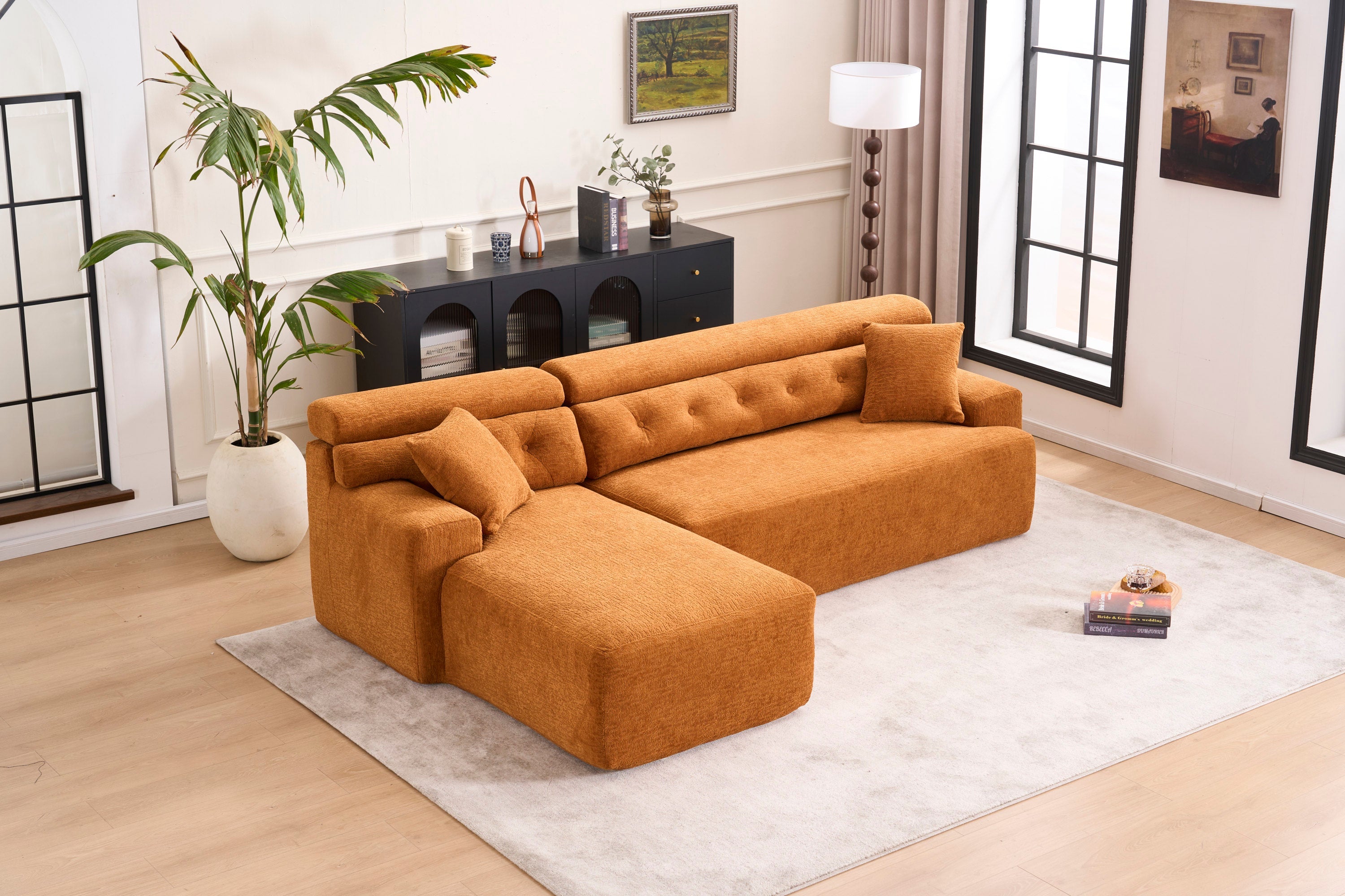 LY-029B Convertible Chaise Sectional Sofa, Full Compression Sponge Modular Couch for Apartment Living Room,Orange 3-Seater with Wood Grain Chenille, 2 Pillows Included, 86'L